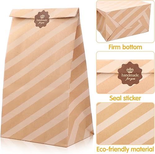 Miniatura 7 de 300 bolsas de almuerzo de papel a granel de 4.5 libras, bolsas de papel marrón con calcomanías, bolsas de papel a rayas para aperitivos, bolsa de