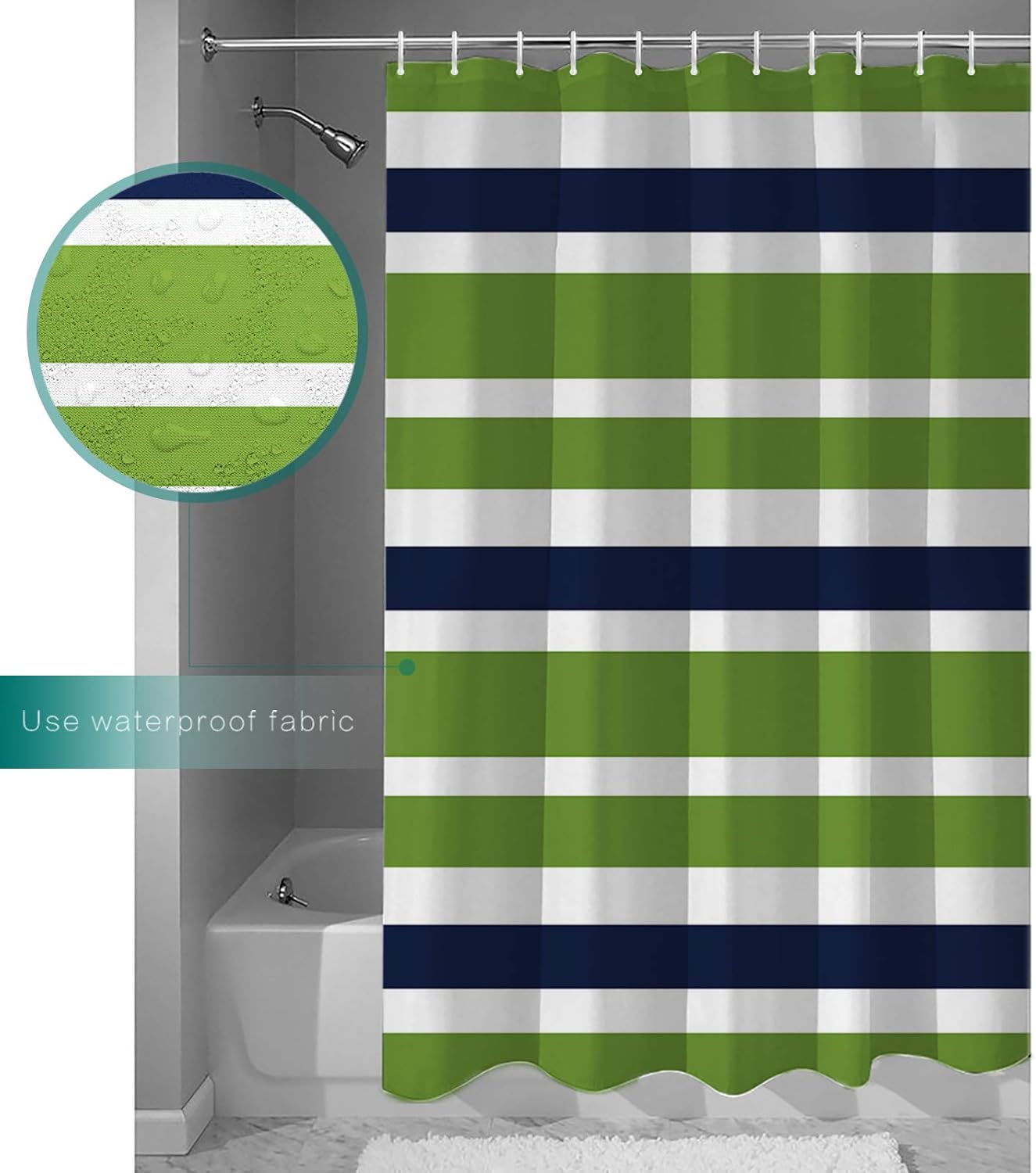 Green Navy Blue White Geometric Shower Curtain for Bathroom, Stripes Fabric Shower Curtain with Hooks Bathroom Decor Waterproof Shower Curtains Machine Washable for Home Hotel, 66" W x 72" L