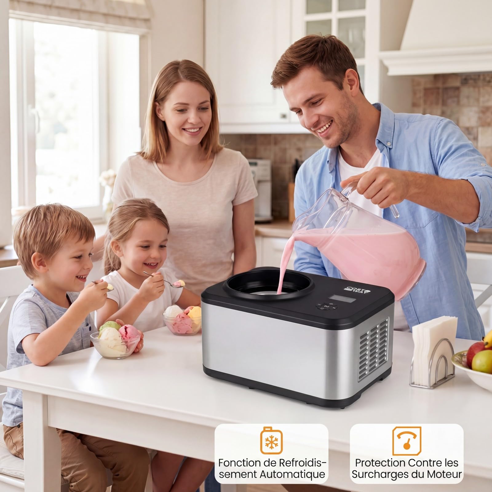 COSTWAY Sorbetière Turbine à Glace Professionnelle 1,5L Machine à Glace avec Écran LCD, 120W, Minuterie, Compresseur Intégré, Maintien du Froid, Bol de Préparation Amovible Inoxydable, 3 Modes