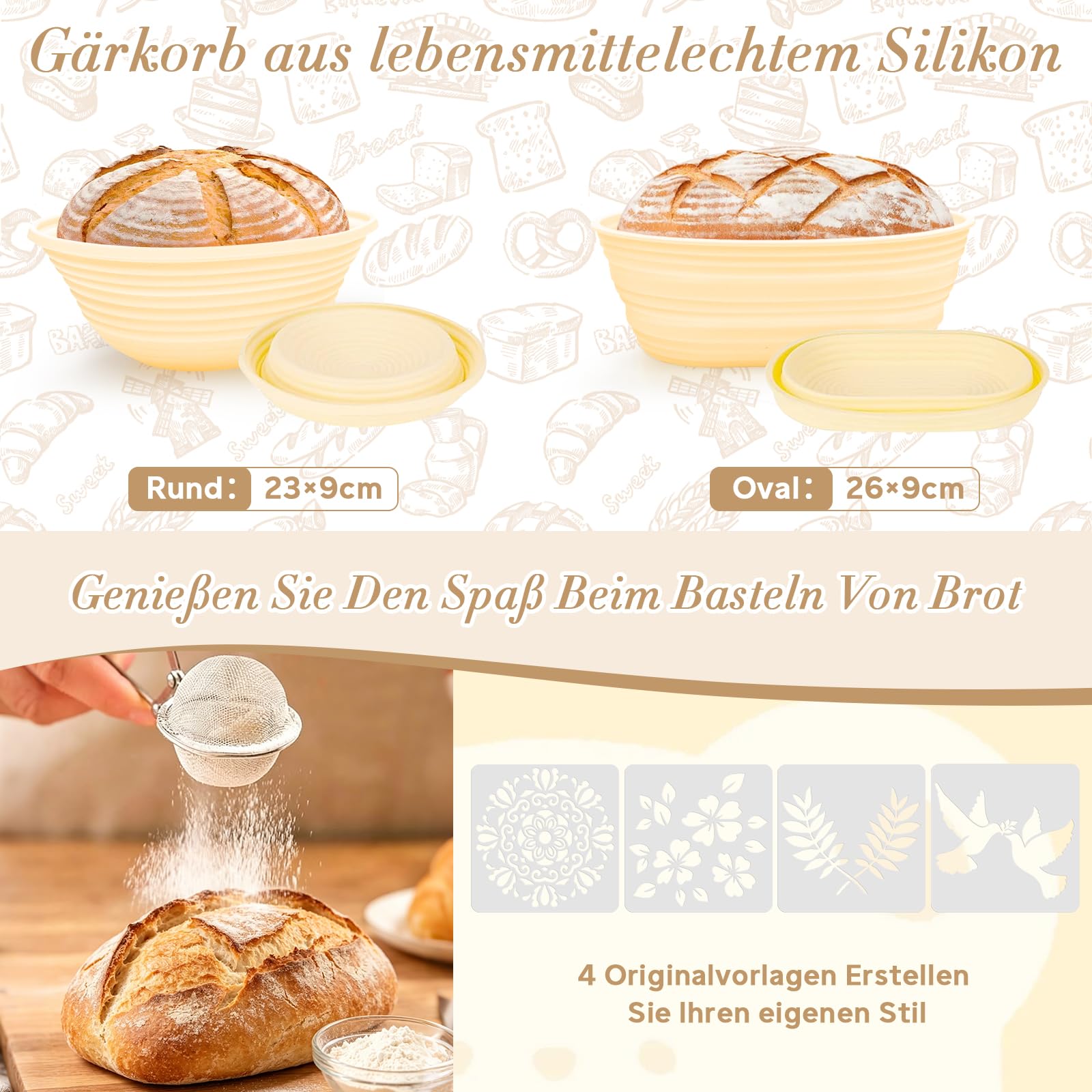 Sauerteig Starter Set, 16-teilig Gärkorb Brot Set, Brot Backen Zubehör, Gärkörbchen Oval und Rund 25cm & 23cm, Sauerteig Glas, Geschenk für Anfänger und Erfahrener Bäcker
