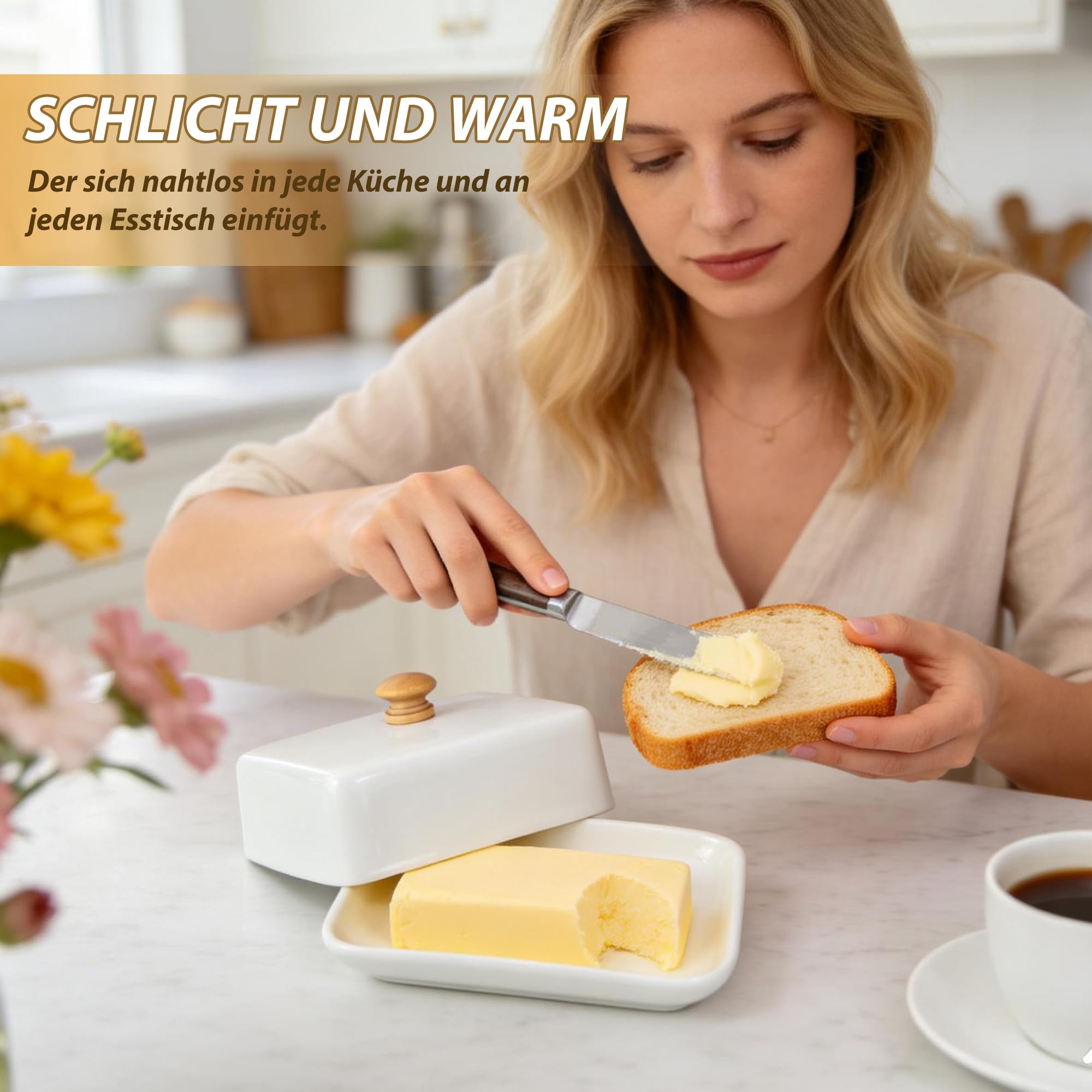 Butterdose Keramik, Weiß Butterdose mit Deckel für Kühlschrank & Tisch, Butterglocke für 250g Butter, Spülmaschinengeeignet Butterbox für Haushalt und Küche
