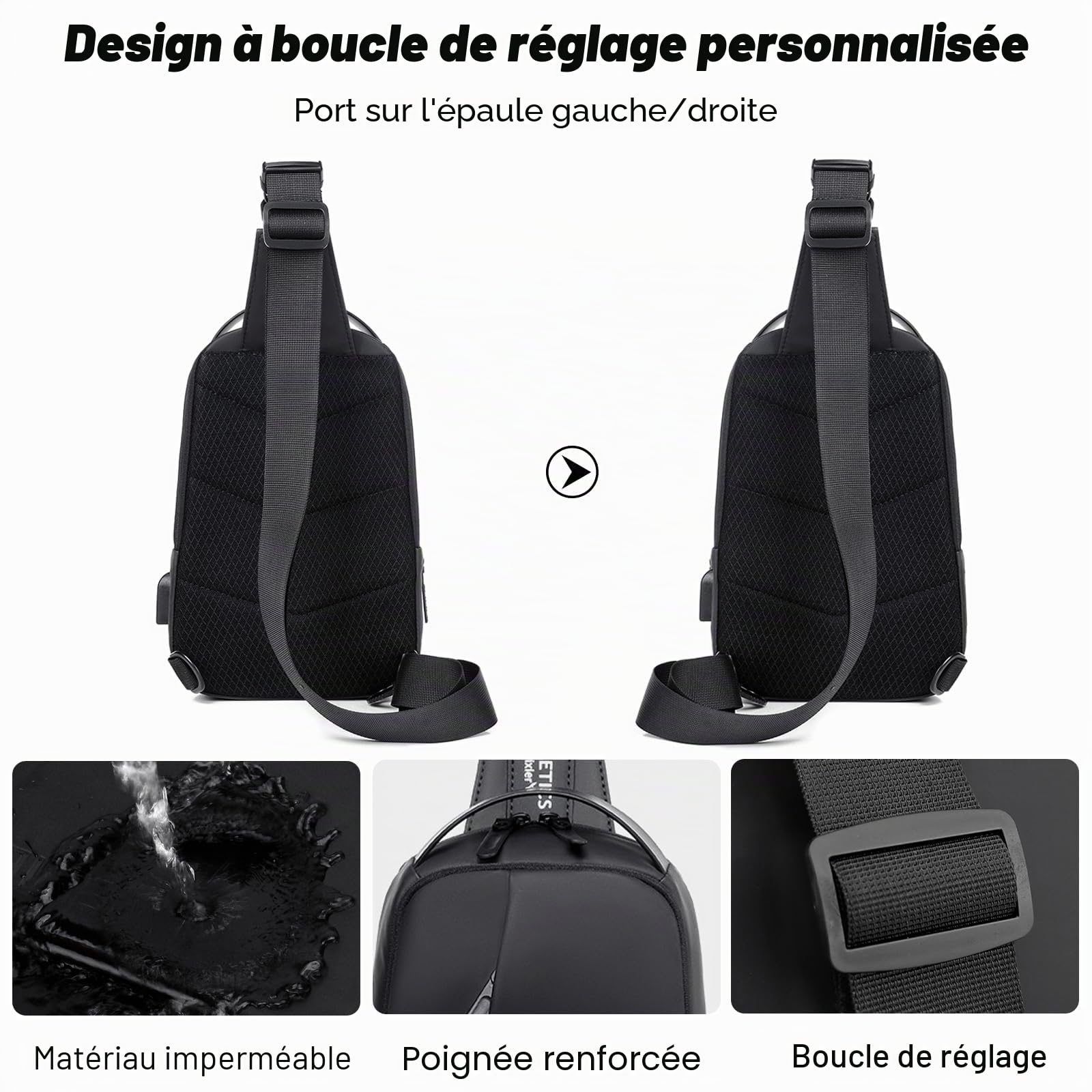 FANDARE Sac Poitrine Sacs de Sport bandoulière Sacs à Dos porté Travers Homme Sac d'Epaule avec Chargement USB et Port Nylon Sacoche pour Cyclisme Moto en Plein Air Sling Bag Noir