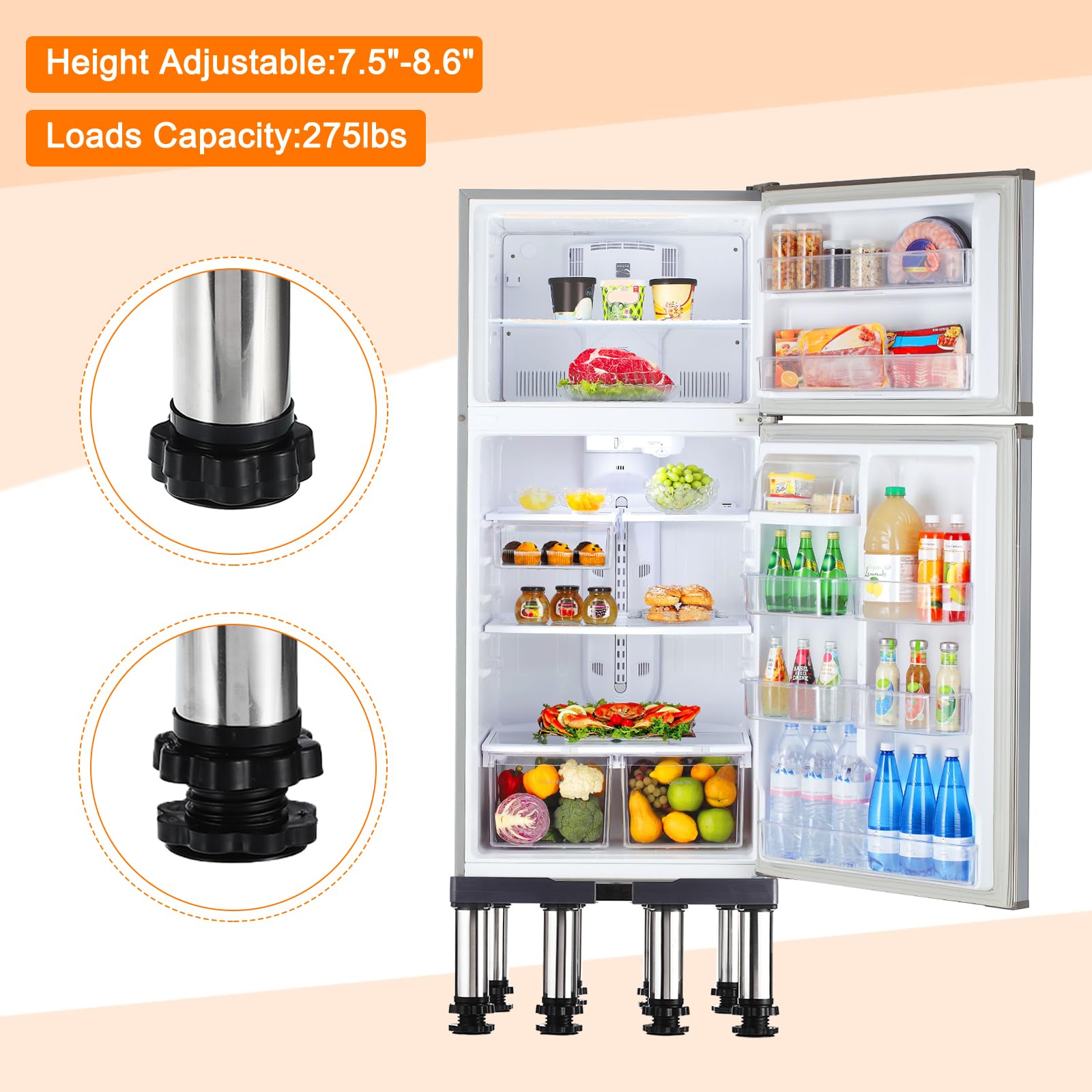 PATIKIL Soporte para Mini Nevera, Base de Soporte para Lavadora de 8 Patas Fuertes, Base Multifuncional Ajustable con Bandeja Antivibración, Altura de 7.5"-8.6", Paquete de 2