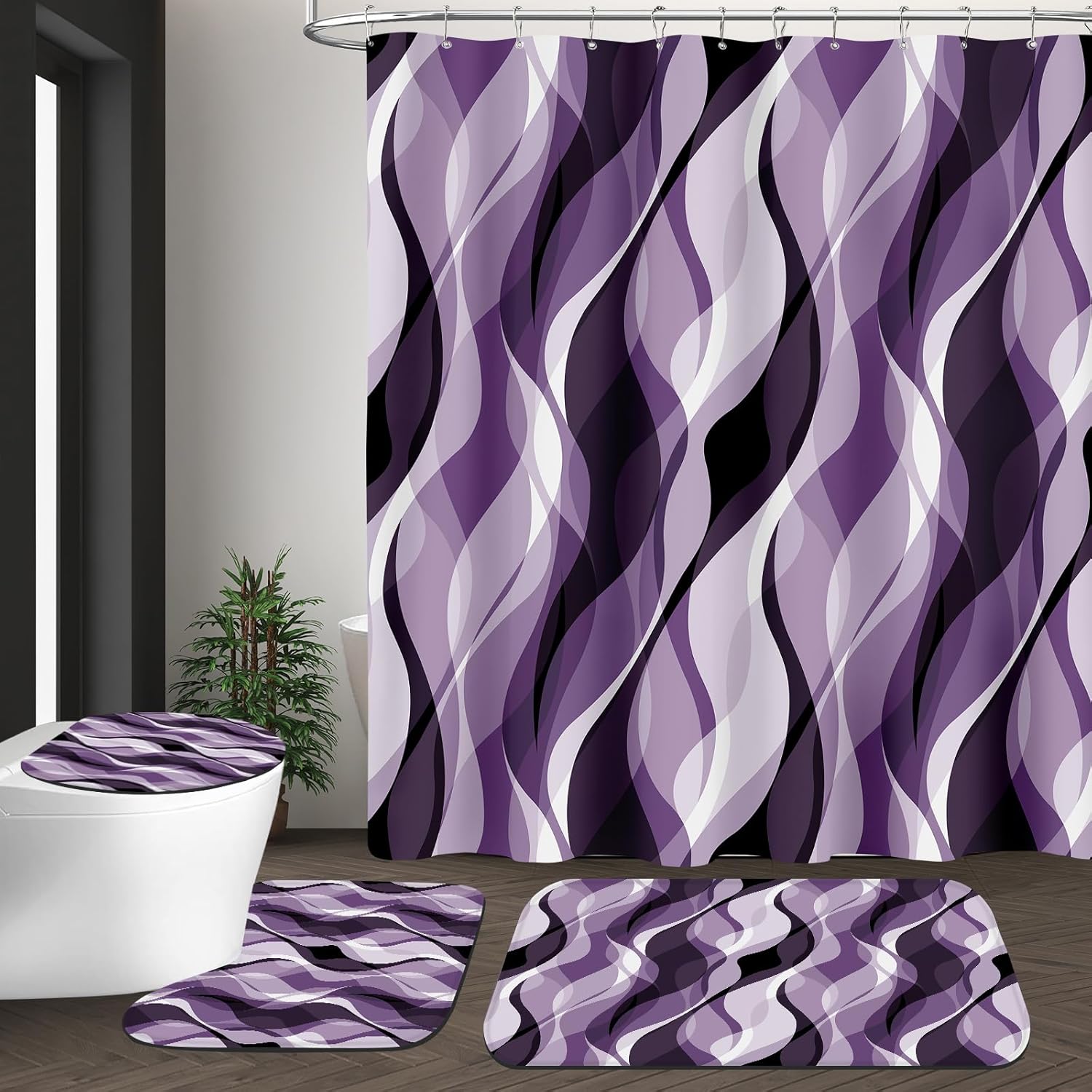 4PCS Purple Bathroom Sets with Shower Curtain and Rugs, Lavender Abstract Striped Shower Curtain Sets with Rugs, Modern Luxury Bathroom Curtains Shower Set with Toilet Lid Cover