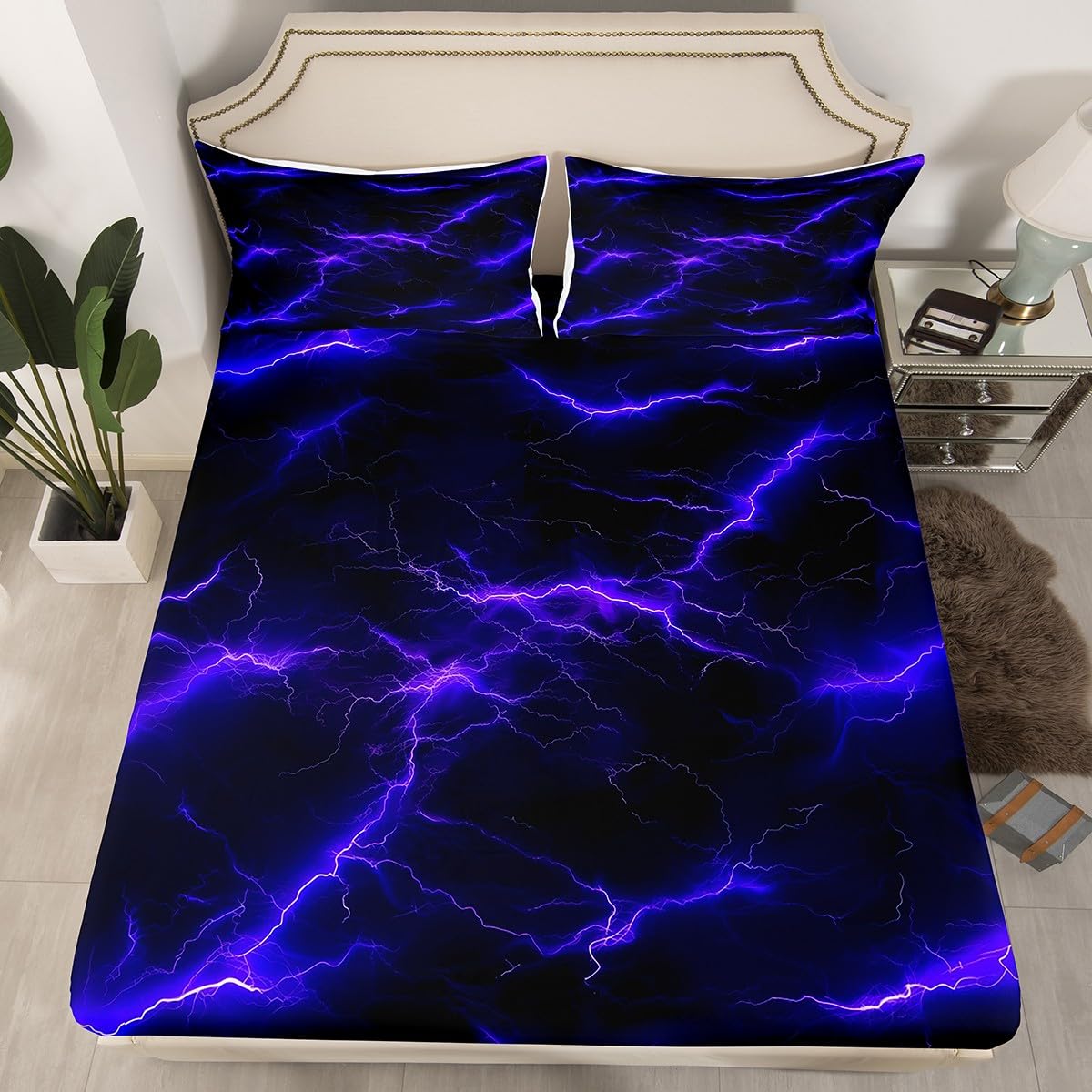 Green Lightning Fitted Sheet Twin 2 Pcs,Thunder Lightning Weather Theme Sheets Sets Breathable Bedding(No Top Sheet),Boys Teens Men Neon Glowing Bed Sheet with Deep Pocket