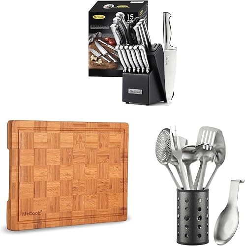 MC21 - Juego de 15 cuchillos de acero inoxidable alemán con afilador integrado + tabla de cortar de bambú MCW12 (grande, 17 x 12 x 1 pulgadas) +