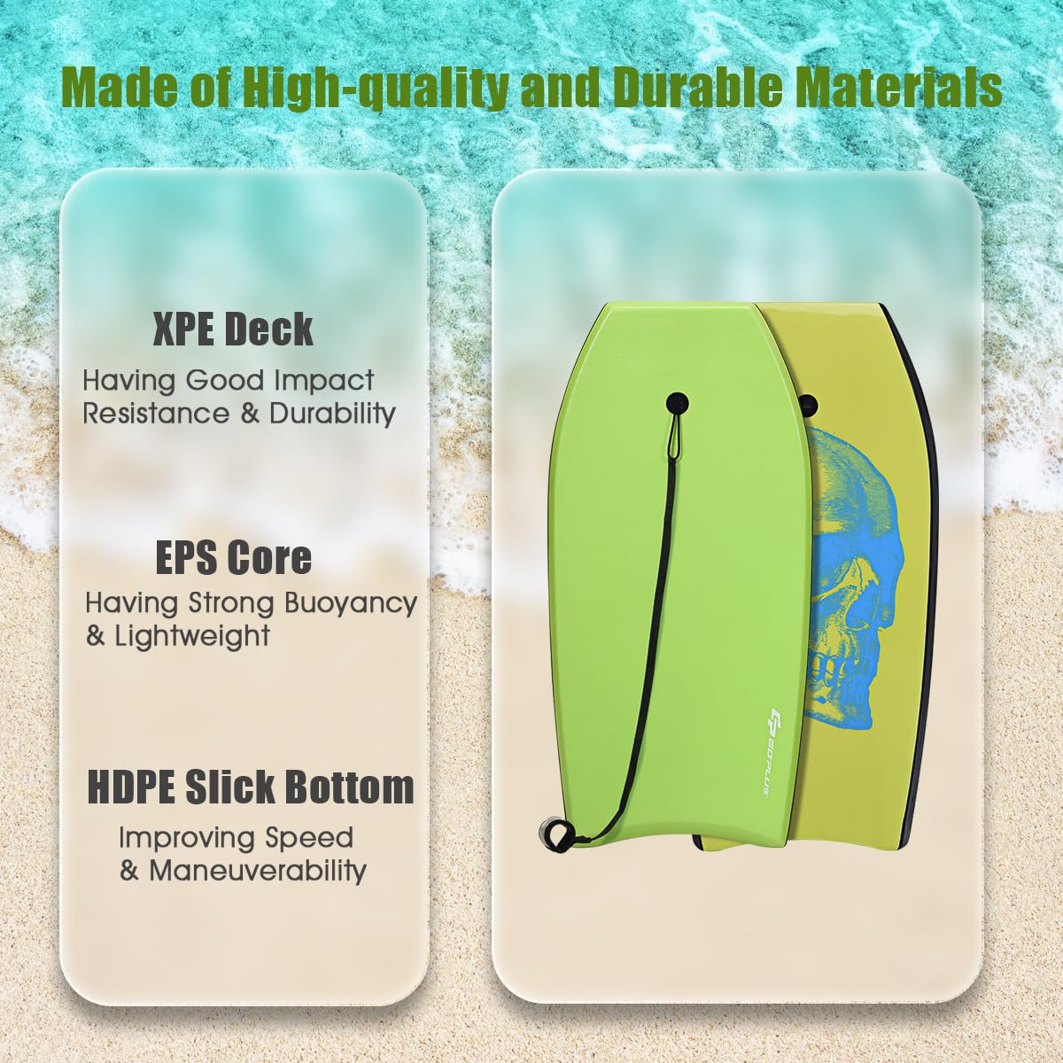 HOMASIS Tavola da Surf L, Bodyboard in XPE e HDPE con Corda per il Polso, Tavoletta Mezzaluna per Surf, Adatta a 14+ Anni, Portata 85 kg, 104 x 51 x 6 cm