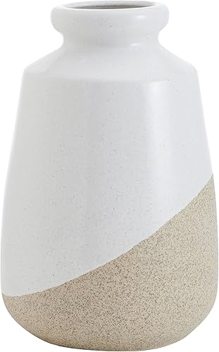 Elements Jarrón de cerámica blanca y tostada de 7.28 x 7.28 x 11.22 pulgadas, exhibición con flores sintéticas o secas y vegetación, natural