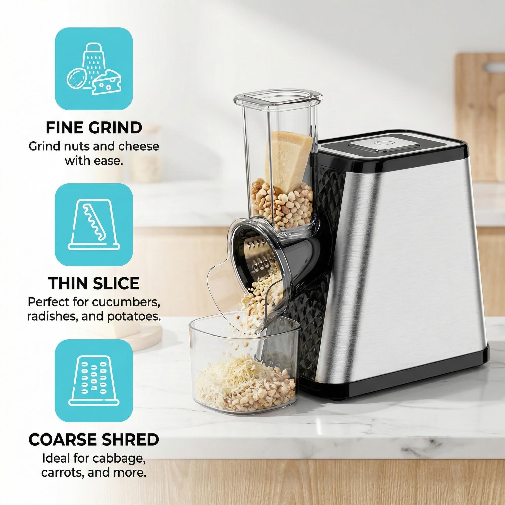 Procesador de Alimentos Eléctrico 5 en 1 - Multifuncional para Verduras, Frutas, Queso y Frutos Secos - Motor Potente de 800W, Cuchillas de Acero Inoxidable para Cortar, Rallar, Moler y Picar