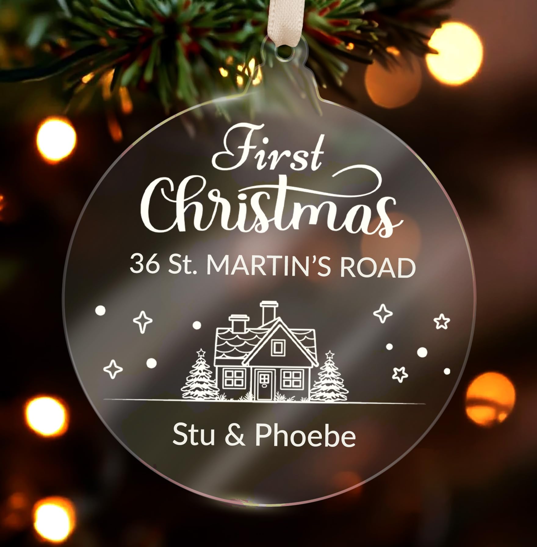 1 Personalised Customised Our First Christmas New House Family Xmas Festive Merry Christmas Acrylic Bauble Tree Gift Decoration Present 80mm PTS Personalised
