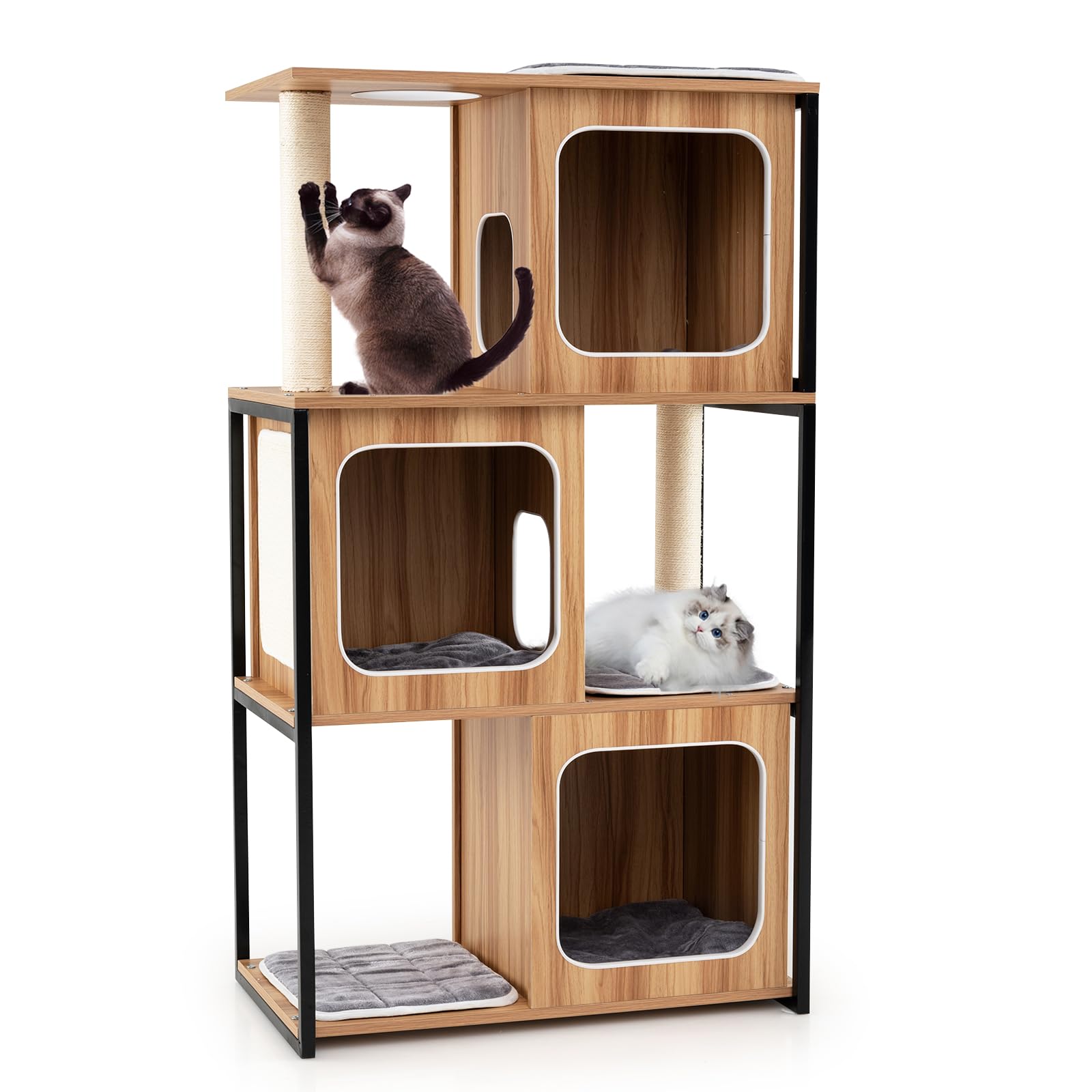 Tangkula Modern Cat Tree, 52 Inch Wooden Cat Condos with Metal Frame, Sisal Scratching Posts & Board, Washable Cushions, Multi-Level Cat Tower for Indoor Cats & Kittens (Natural)