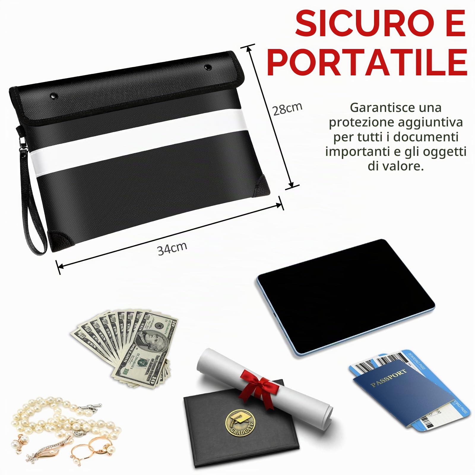 Vailoin Borsa Per Documenti Ignifuga,Rivestimento in Silicone Antiprurito Porta Documenti Impermeabile con Cerniera e Tracolla, Custodia Sicura con Striscia Riflettente (Nero, 34x28cm)