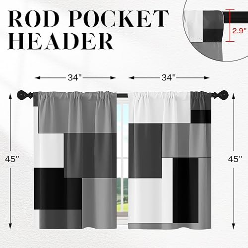 Vista 188 de Cortinas geométricas de cocina negras y grises de 63 pulgadas de largo, juego de 2, cortinas grises y blancas para dormitorio, sala de estar, Gris