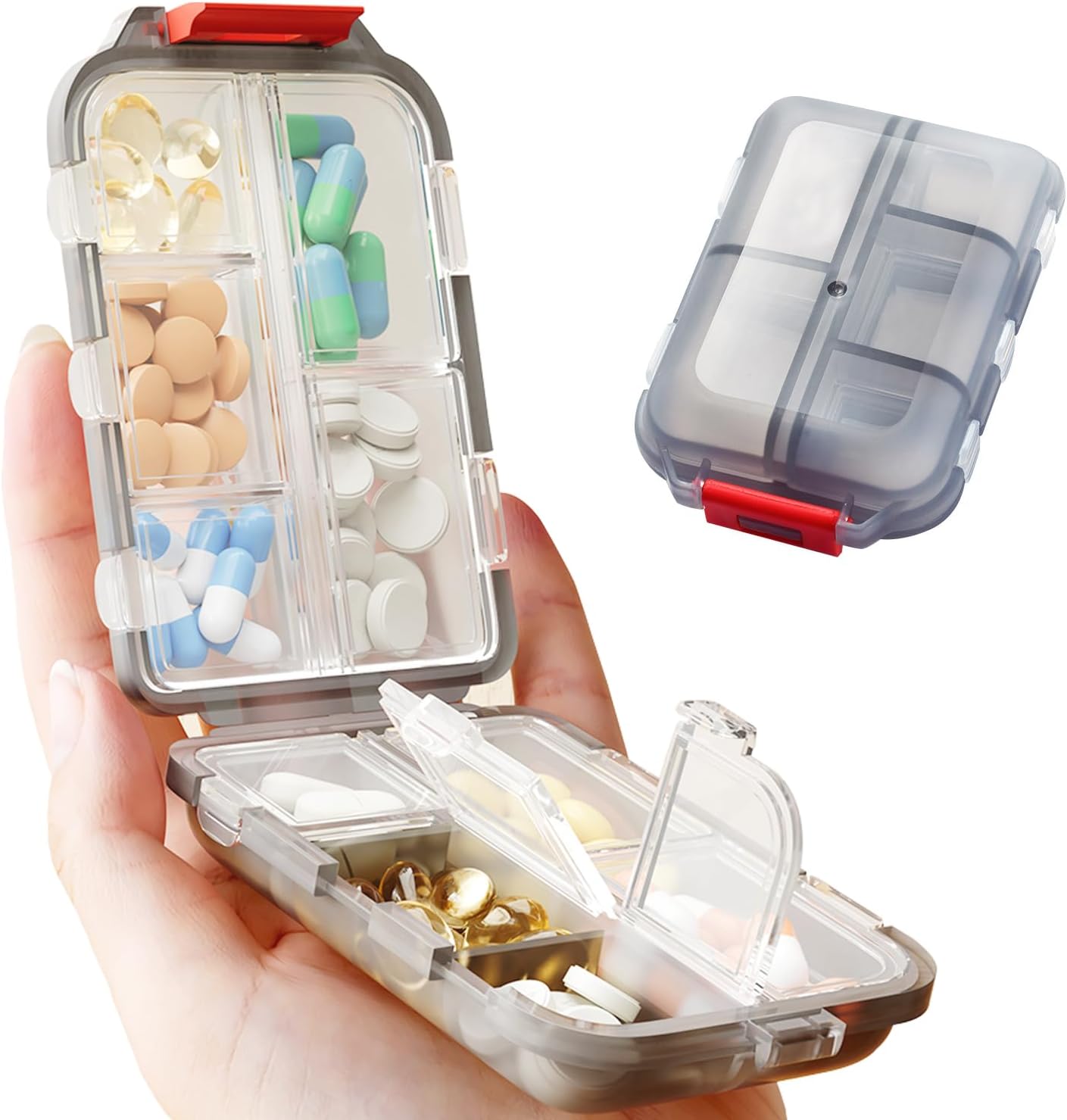JUNIPLTER 2 Pack Travel Pill Box with 10 Compartment, Small Pill Organizer Box, Weekly Pill Box 7 Day, Pocket Pill Case Pill Holder Medication Organizer (Grey)