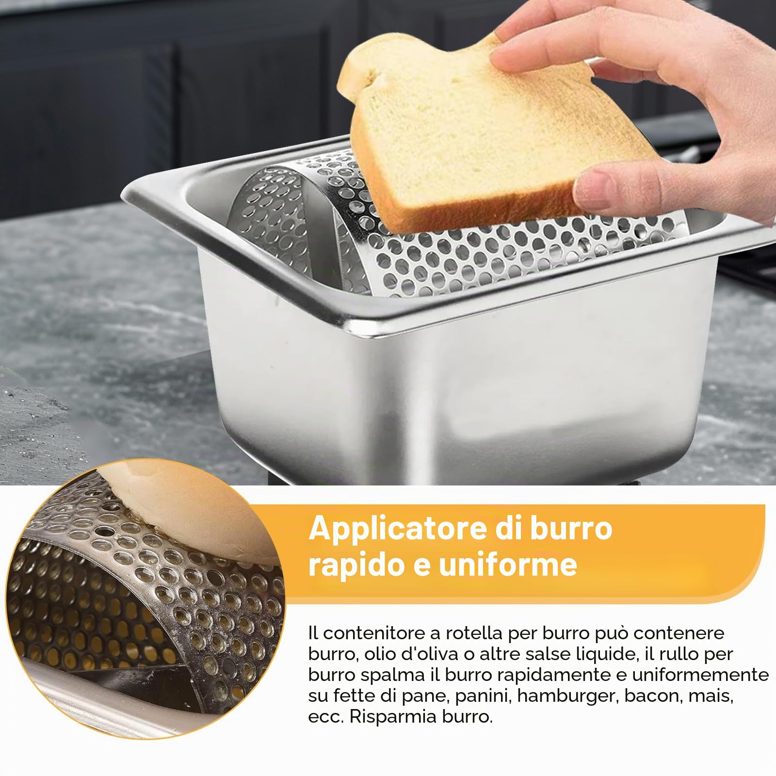 Rullo spalmaburro in acciaio inox con supporto, strumento rotante | Per spalmare il burro, dispenser a ruota efficiente e riutilizzabile per la cucina di casa