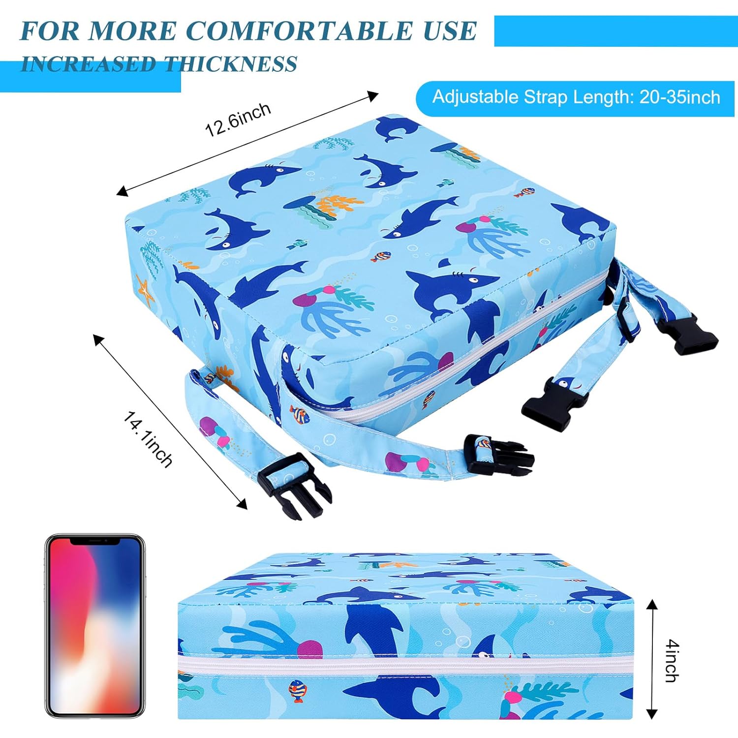 Toddler Booster Seat for Dining Table, Stronger Support Booster Seat for Table Washable 2 Safer Straps Non-Slip Bottom Portable for Kids Baby Increasing Cushion for Travel Home Blue-Shark