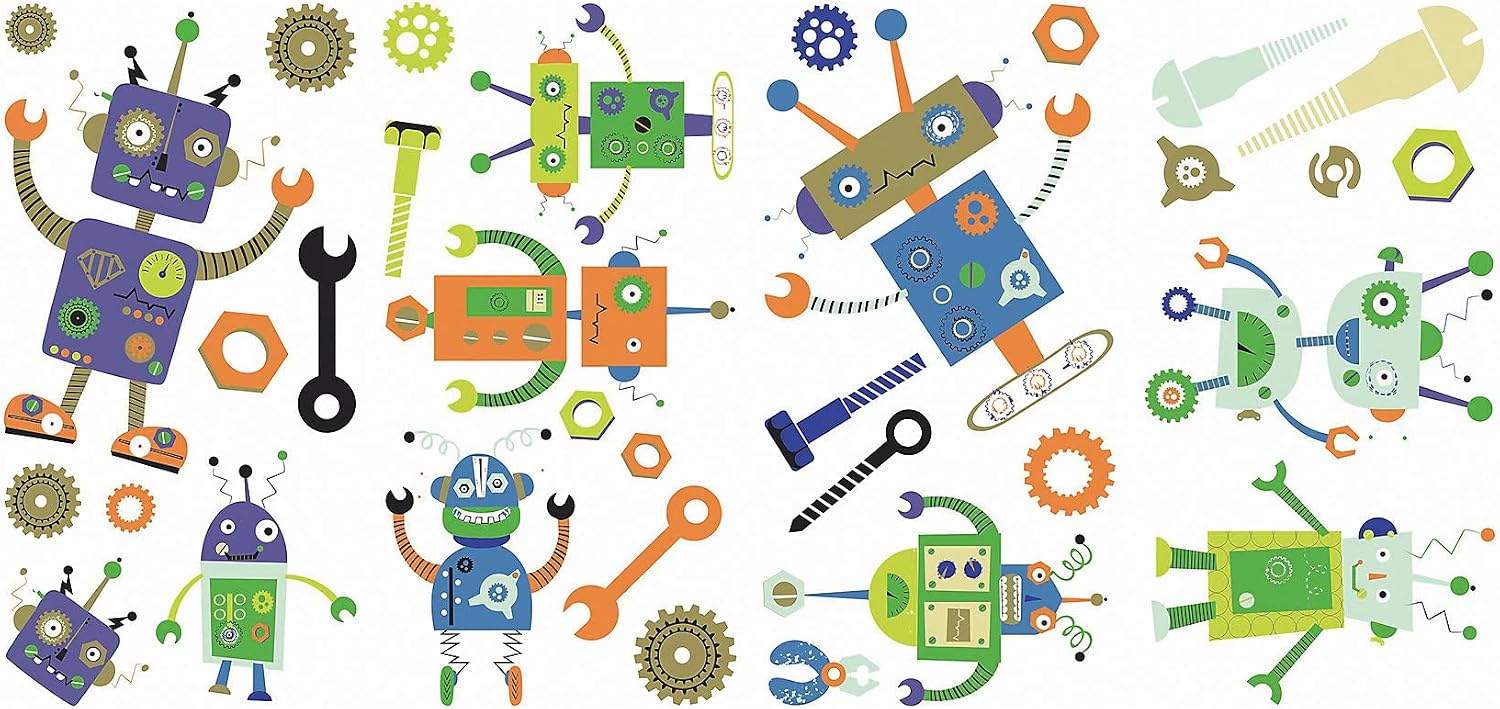 RoomMates RMK3941SCS Robots Peel and Stick Wall Decals,Orange, Blue, Purple, Green