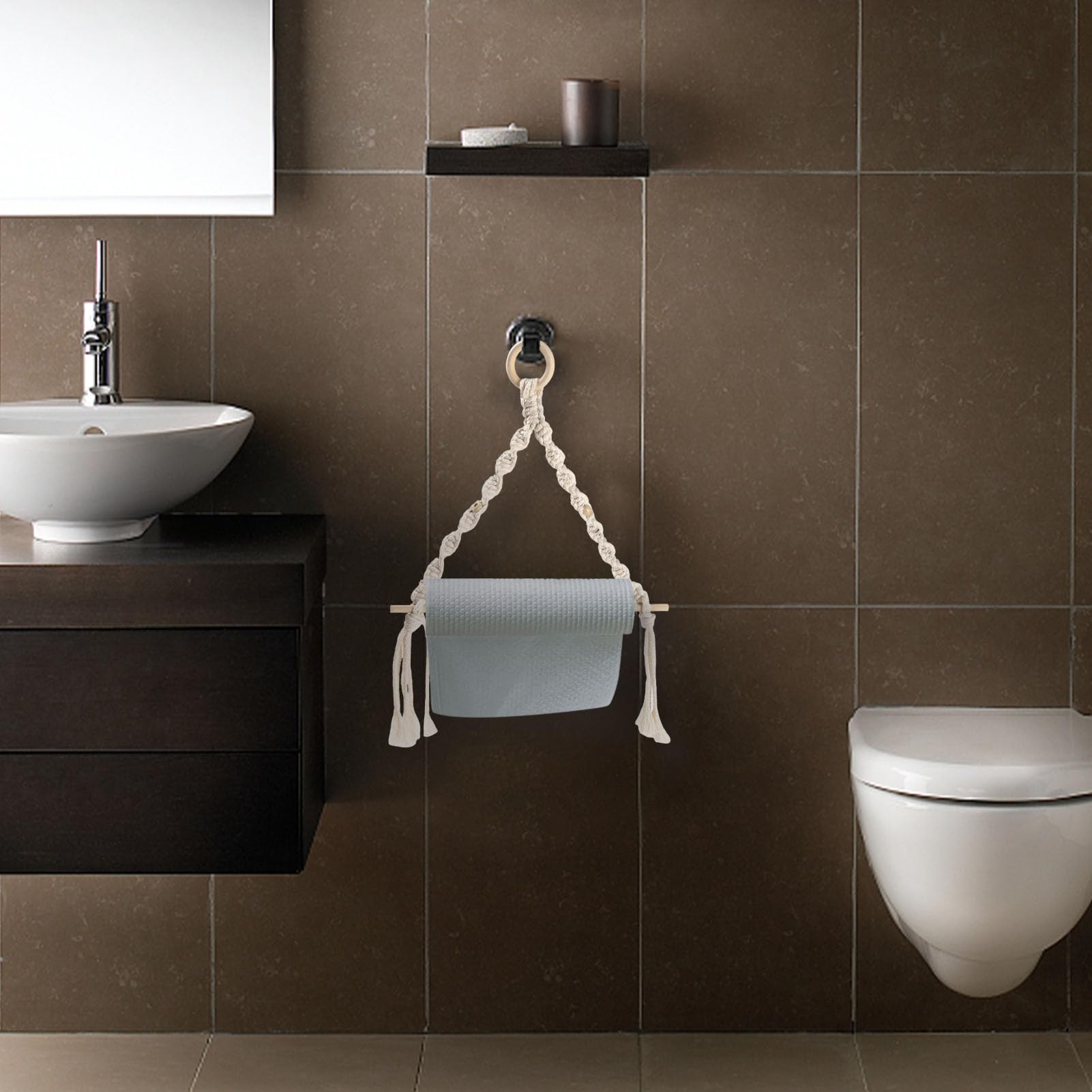 Porta Carta Igienica In Rattan Con Ripiano | Design Boho, Base Pesante, Per 4 Rotoli - Foto 7