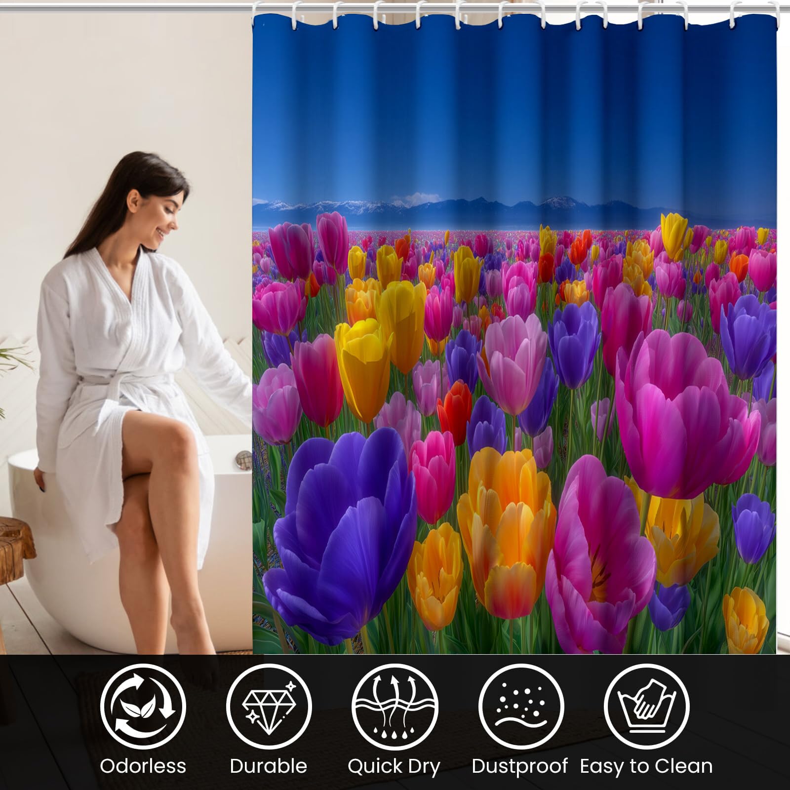 Rideau Douche,Rideau Baignoire Lavable en Machine Rideaux Douche Tissus Lavable Rideau De Baignoire Lavable pour Salle De Bain Domicile Baignoire Famille,Champs De Tulipes,200L X 240H Cm