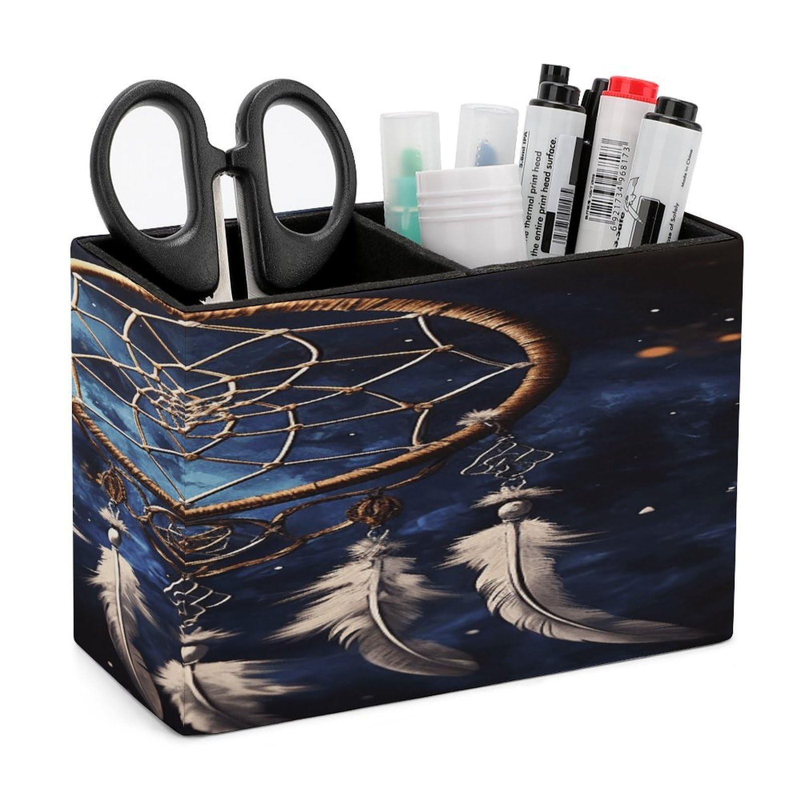 VstaDank White Fantasy Dream Catcher Pen Holder Double Compartments Pen Cup Fashion Makeup Brush Holders Leather Pencil Holder for Work Locker Accessories Modern Pencil Cup for Desk Organizer