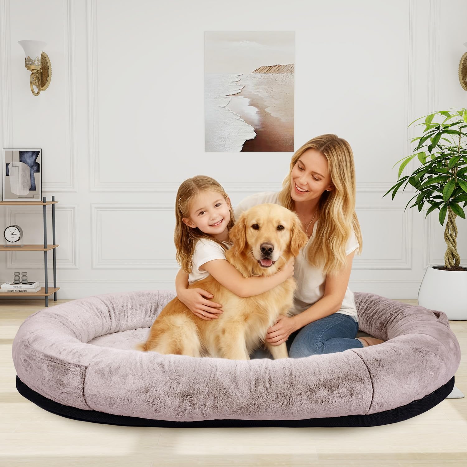 FURRYFECTION 180x114x35,6cm Menschlich Waschbar Kamel Hundebett | Geeignet für Erwachsene und Haustiere Kunstfellbezug mit Decke und Kissen komfortables Nickerchenbett
