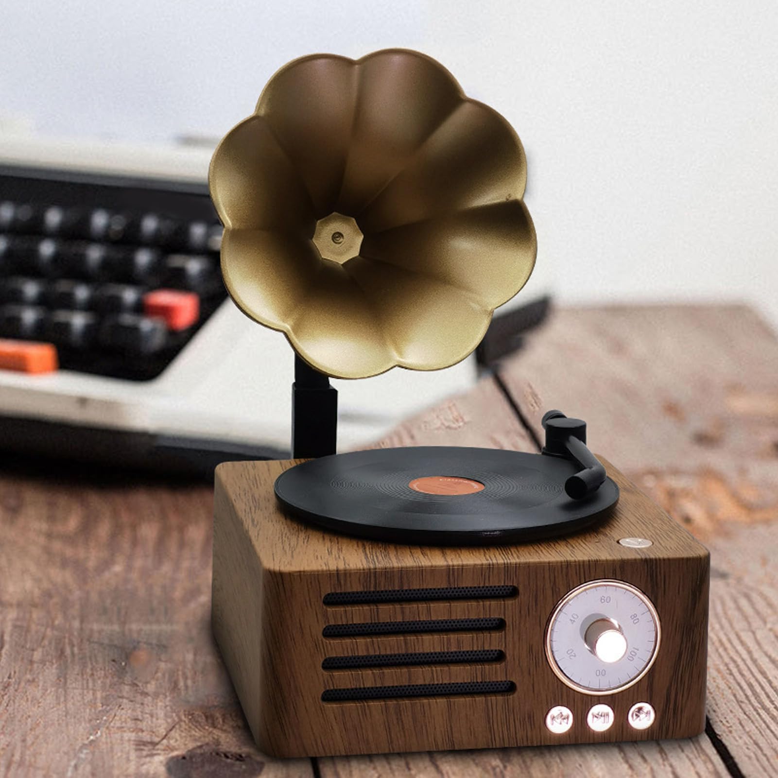 Głośnik Bluetooth, Przenośny, Zabytkowy, Obrotowy Gramofon, Głośnik Stereo w Kształcie, Obsługa Radia Bluetooth 5.0 AUX FM, do Słuchania Muzyki i Dekoracji Wnętrz