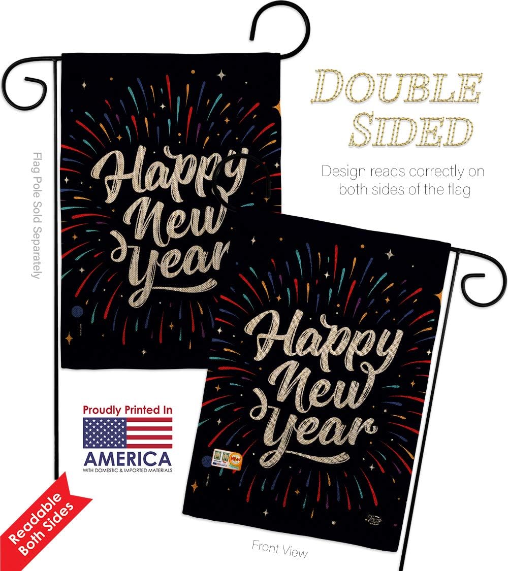 Happy New Year Burlap Burlap Garden Flag Clock Countdown Champagne Party Fireworks Celebrate Small Decorative Gift Yard House Banner Double-Sided Made In USA 13 X 18.5