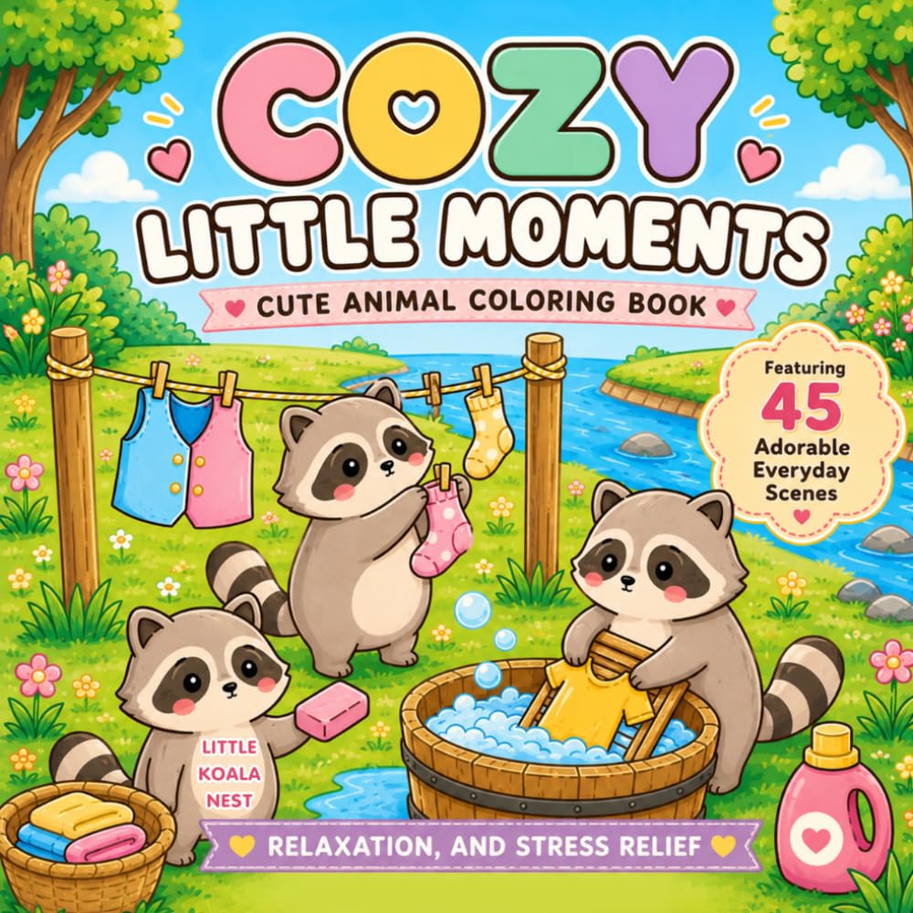 Cozy Little Moments: Cute Animal Coloring Book for Adults and Teens Featuring 45 Adorable Everyday Scenes, Relaxation, and Stress Relief