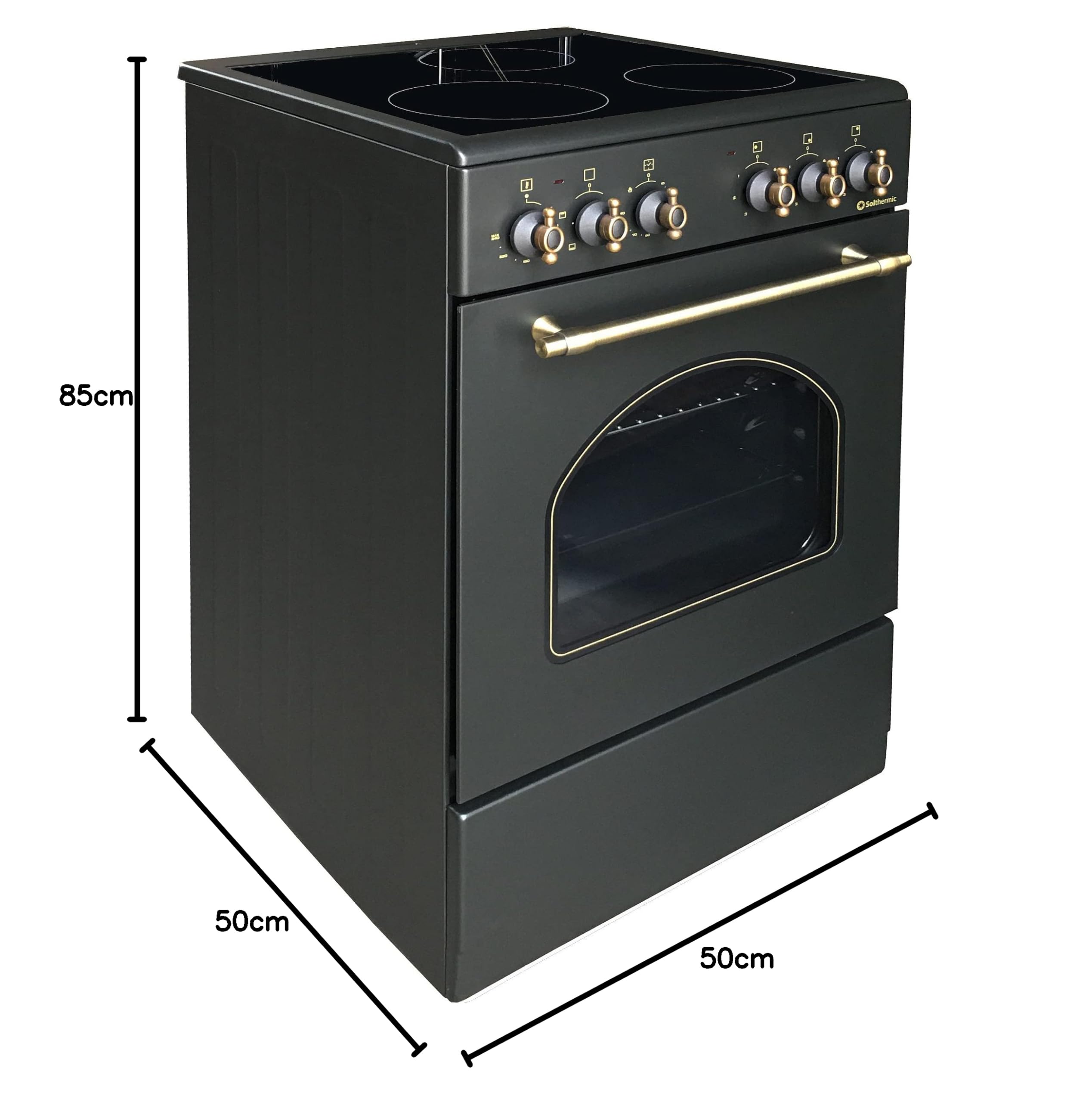 COCINA VITROCERÁMICA VTC50NEGRA CON HORNO ELECTRICO SOLTHERMIC NEGRA RÚSTICA ACABADOS DORADOS/50 CM ancho, 3 FUEGOS/HORNO ELECTRICO