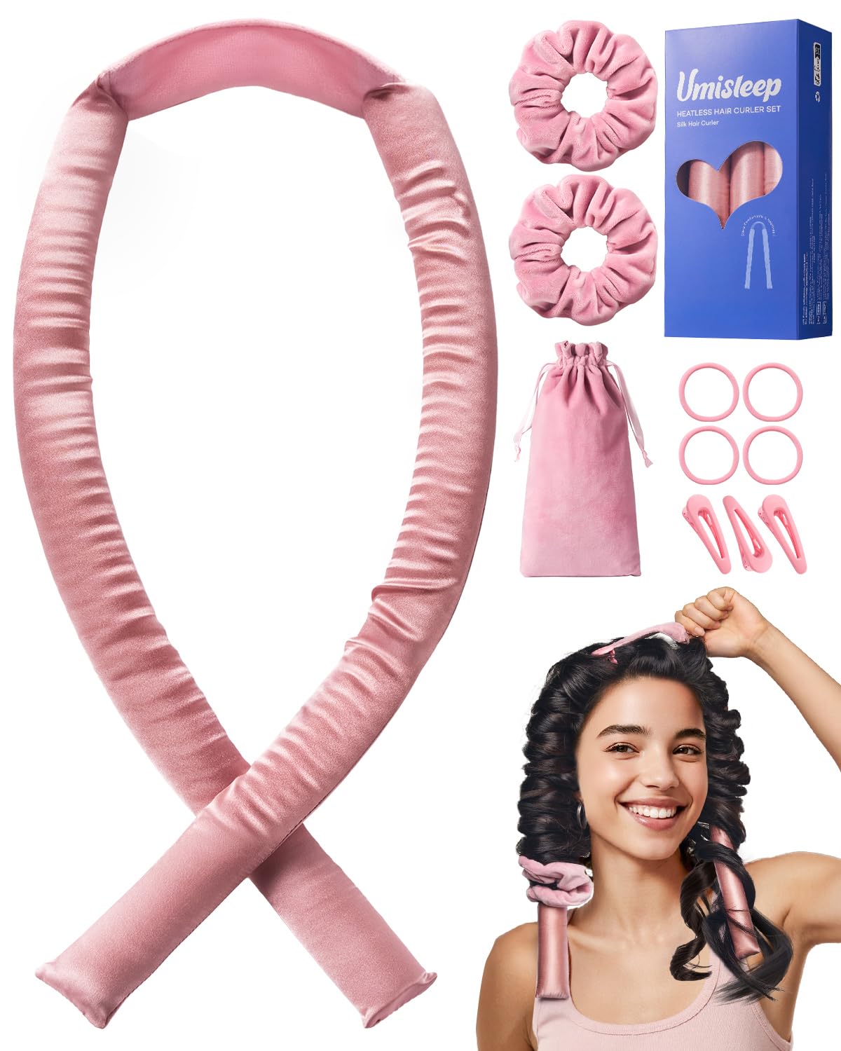 Umisleep Tresseur Sans Chaleur,Set de Boucles en Soie Protège les Cheveux,Tresseur de Boucles 99cm pour la Nuit,Bande DIY pour Boucles Sans Chaleur pour Cheveux Longs (Rose)