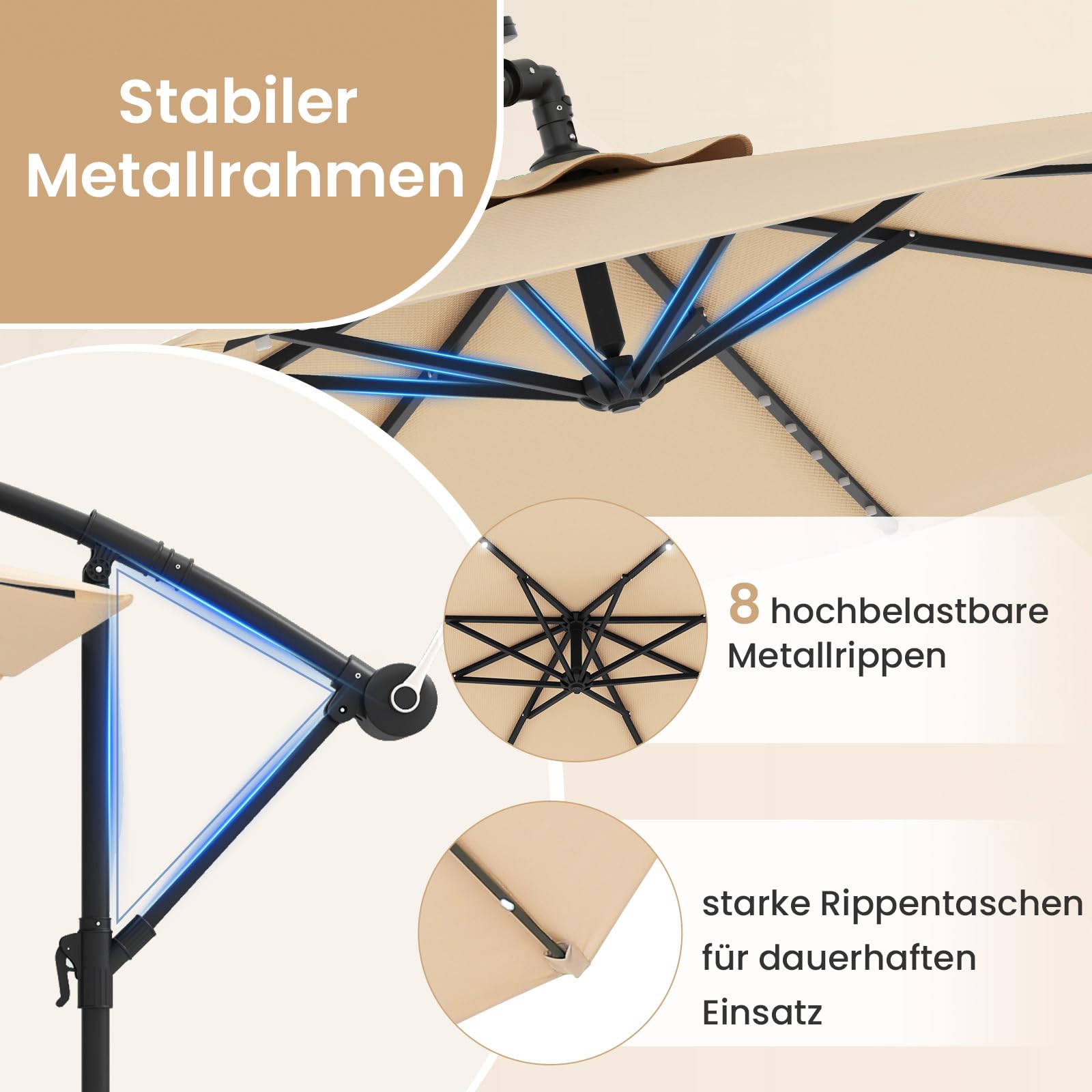 COSTWAY Parasol przeciwsłoneczny 350 cm ze stojakiem i diodami LED, parasol przeciwsłoneczny z korbą, parasol ogrodowy, ochrona przed promieniowaniem UV, parasol na taras, do ogrodu, na taras (beżowy)