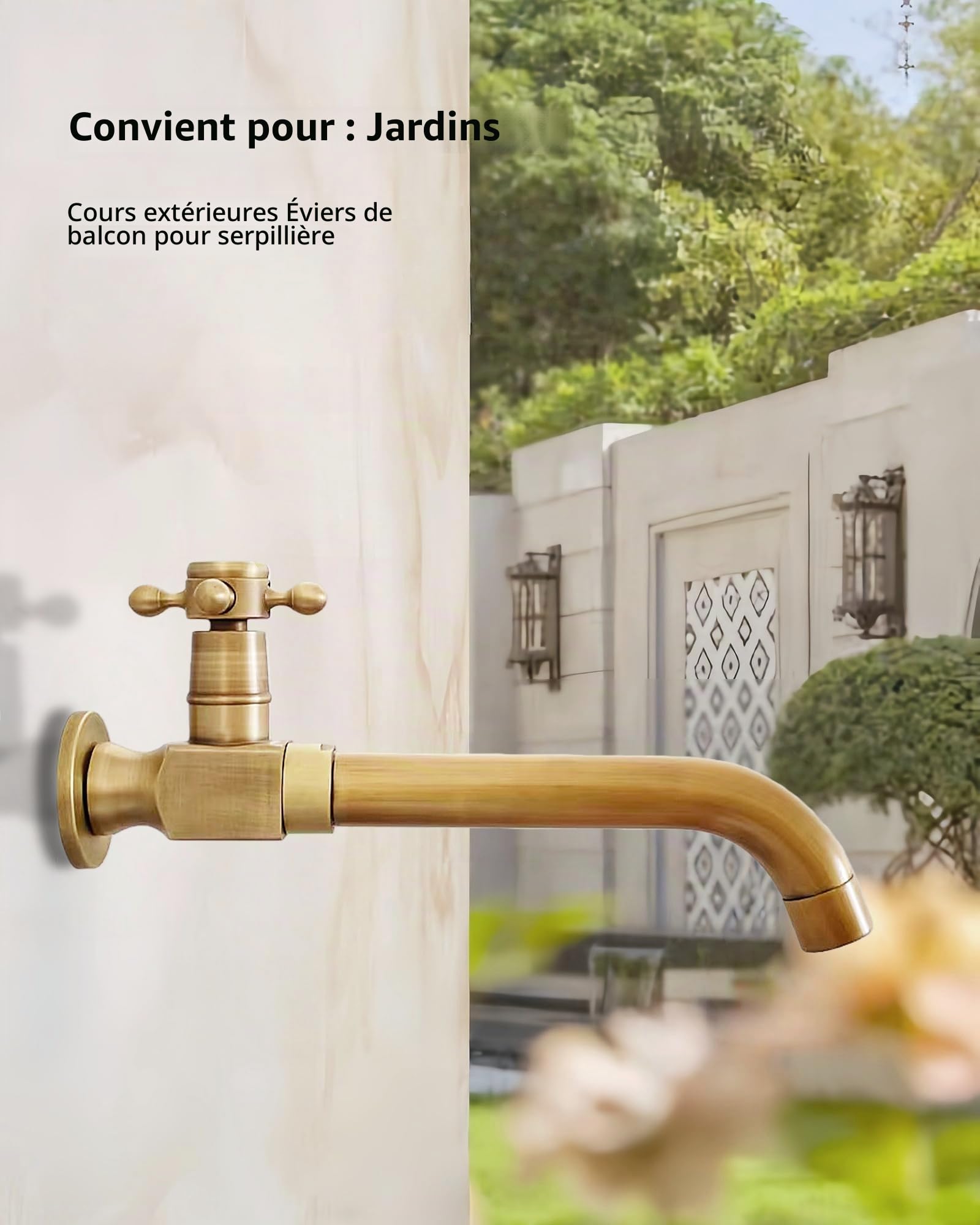 Robinet D'Eau Froide Mural Laiton Antique Pivotant 360°, 24cm | Robinet Monocommande Mural Lavabo Long Laiton pour Salle de Bain Jardin Balcon Terrasse Extérieur Maison Hôtel
