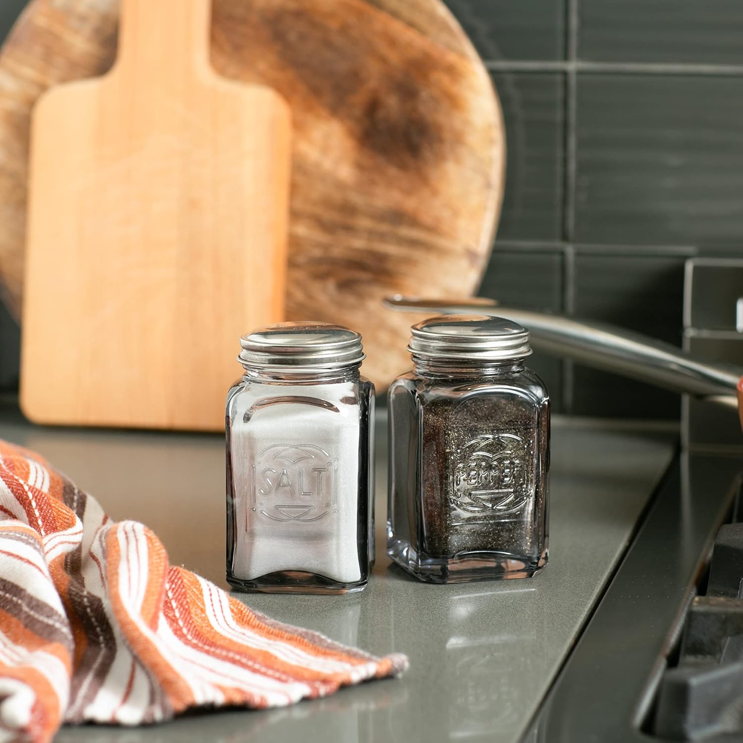 RSVP International Jumbo Retro Glass Salt & Pepper Shaker, Screw On Stainless Steel Lid, Each Shaker Holds 8 Ounces, Gray, 2.25x2.25x4.3, 2 Piece