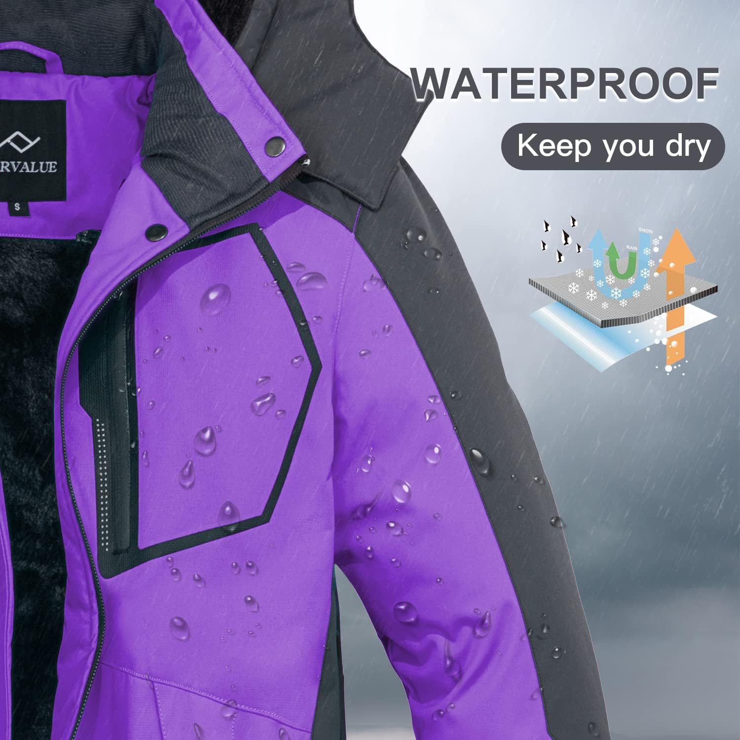 FARVALUE Womens Waterproof Ski Jacket Warm Winter Snow Coat Windproof Snowboard Jacket Hooded Raincoats Outdoor Windbreaker