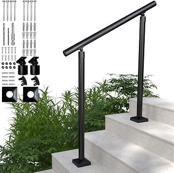 Heavy Duty Aluminum Round Handrail for Indoor or Outdoor Steps & Stairs Maximum Load Capacity 800lbs, 0-3 Steps Stair Handrail Kit, Porch & Deck Textured Black, 3ft