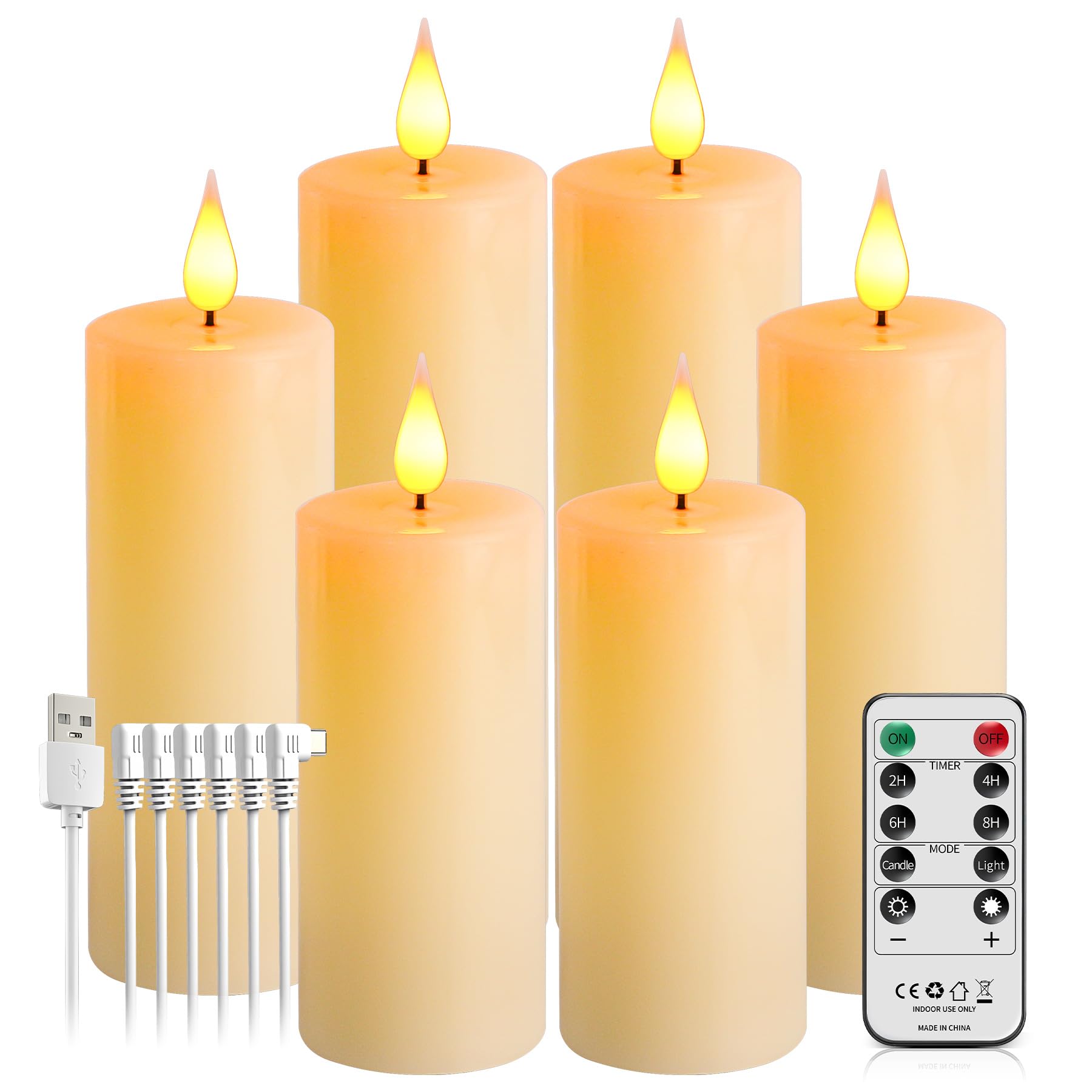 Broyal Set di 6 Candele a LED,Candele Led Ricaricabili(16/14/12cm),Candele Senza Fiamma,Candele LED con Telecomando e Funzione Timer