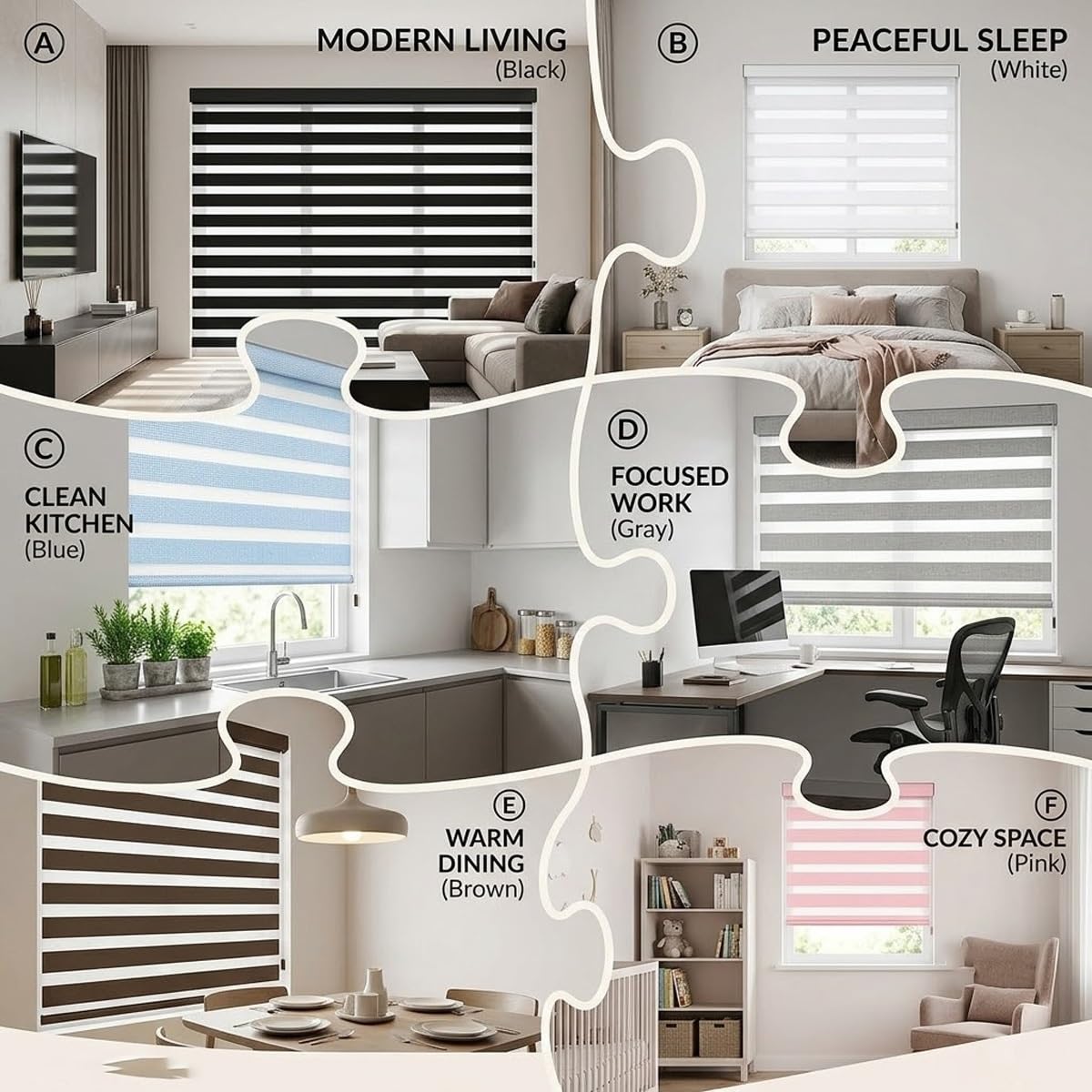 Tende a Rullo Giorno e Notte Doppio Strato a Strisce, Tenda Zebra | Traslucida Manuale per Finestre Cameretta e Bagno, Installazione Fissa con Fori(Black,130W x 80H cm)