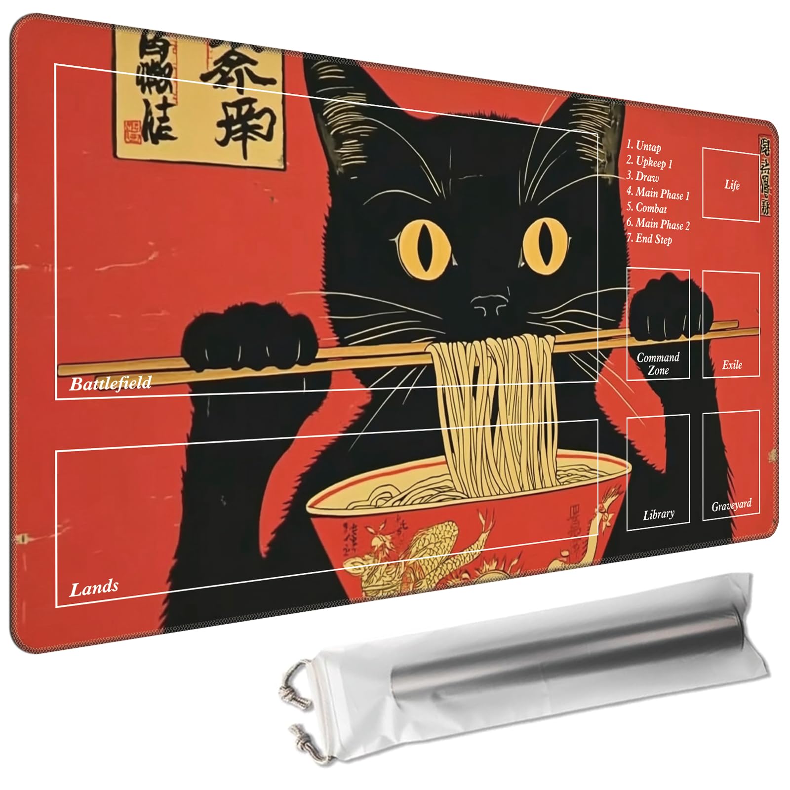 Cdkfxjy MTG Playmat with Magic Zone 24 x 14in Includes Storage Bag,TCG Playmat with Soft Surface Premium Non-Slip Rubber Backing Stitched Edges Durable Gaming Mat,Cat Eating Ramen โ image 1
