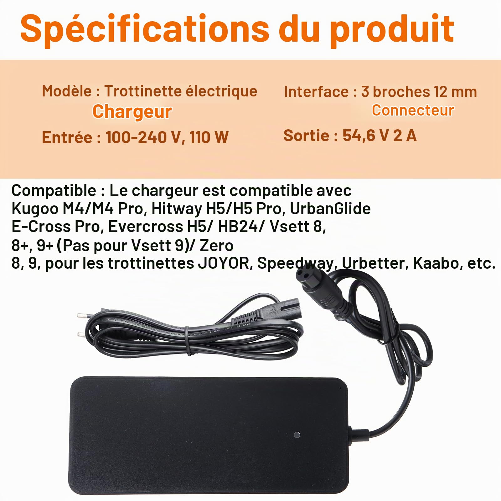 Chargeur de Scooter électrique 54.6V 2A, Compatibilité avec Kugoo M4/M4 Pro/Hitway H5/H5 Pro/UrbanGlide/JOYOR/Speedway/Urbetter/Kaabo, pour Chargeur de Lithium 48 V, Connecteur 3 Broches 12 mm