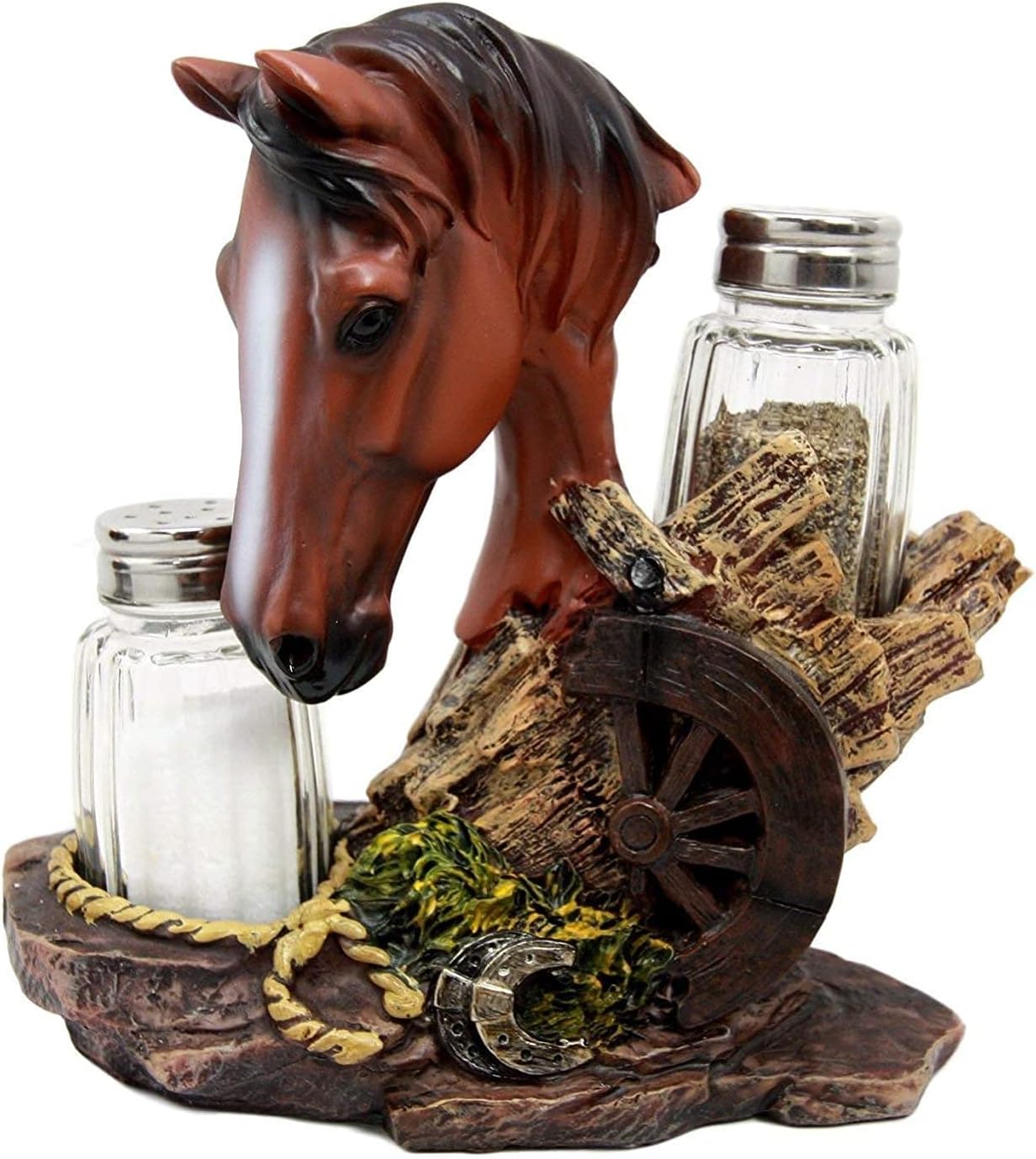 Ebros Country Western Chestnut Brown Stallion Horse By Farm Wagon Wheel Lasso Horseshoes Salt And Pepper Shakers Holder Figurine Set 6.25"High Old Fashioned Rustic Decor Statue (Chestnut Brown)