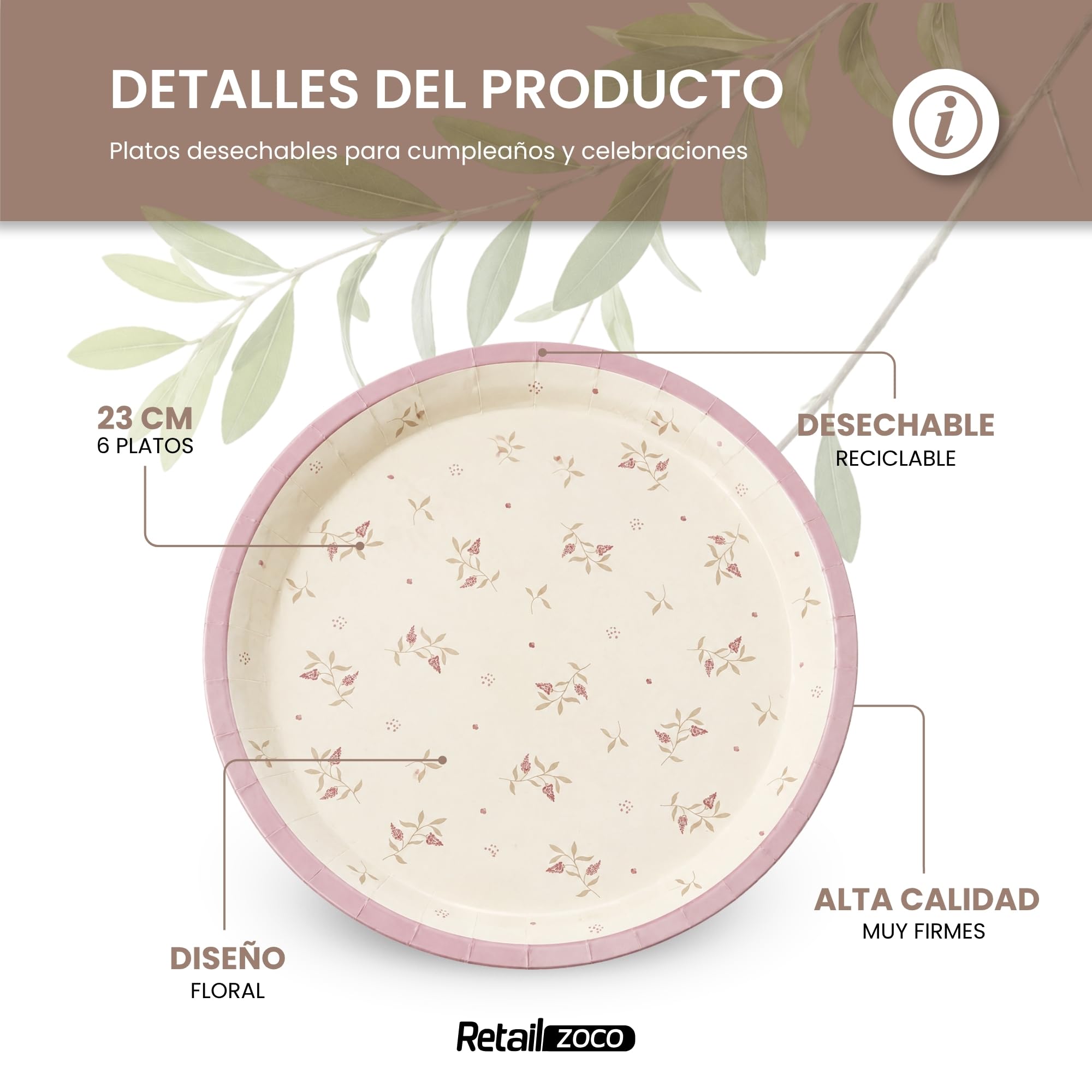 Platos de cartón, Platos Desechables cartón, Diseño Flores Rosa, 6 Unidades - imagen 2
