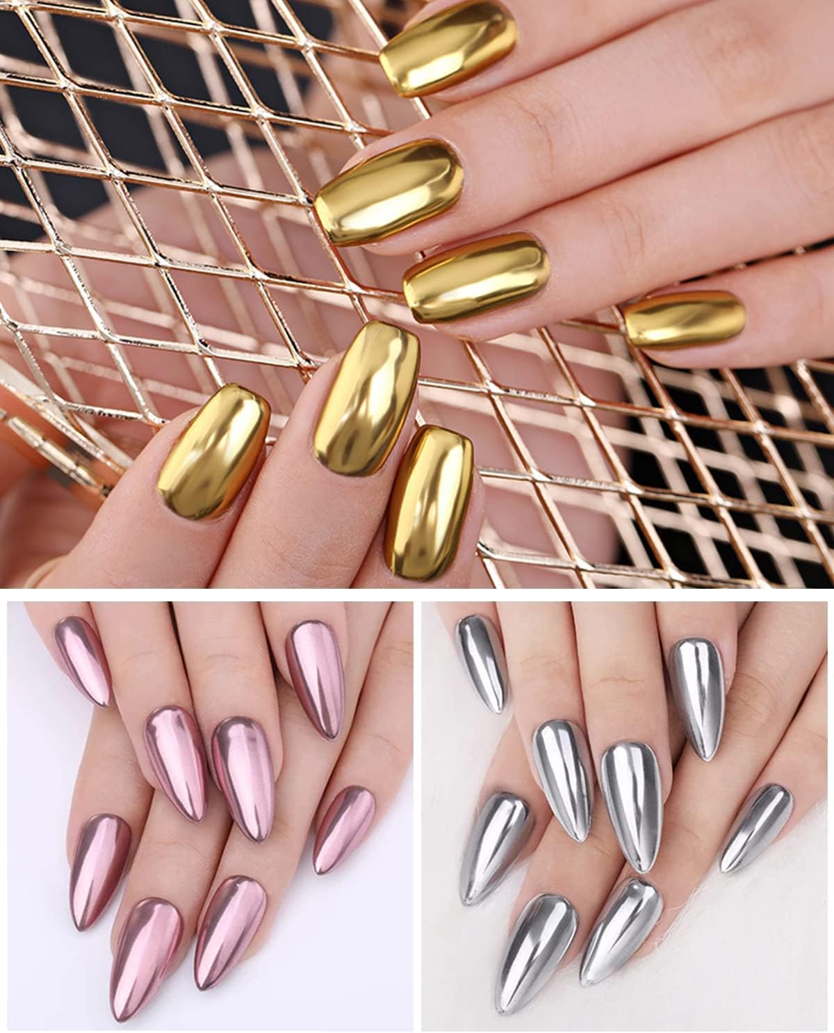 Nail Art Kit Box, Rose Gold, Gold, Silver Chrome Powder, Aurora Chrome Pigment Mirror Powder, Pearl Glitter, Nail Art Dust Design, Nail Decoration Accessories, DIY Manicure Trending for Women Girls 2
