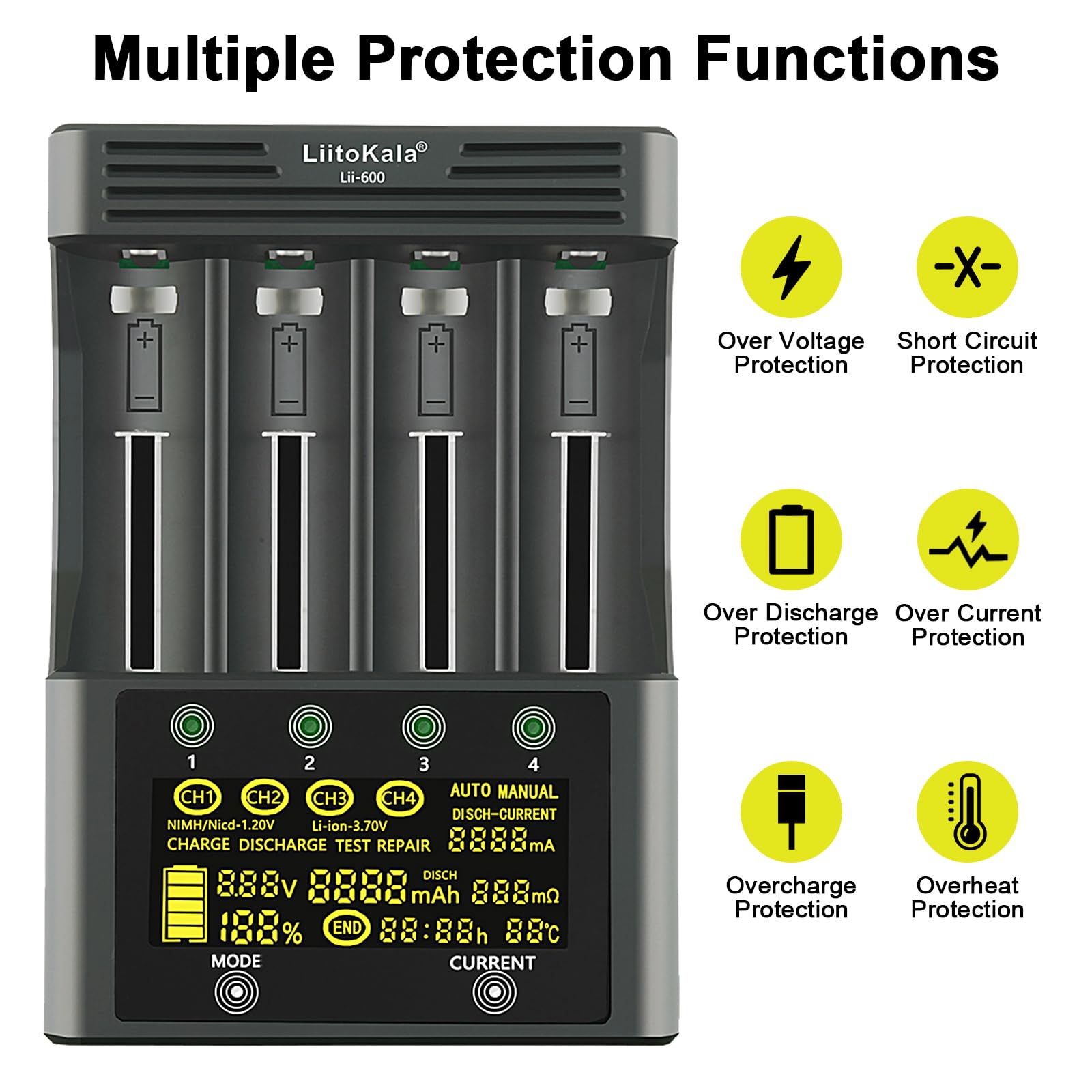 Liitokala Lii-600 Szybka ładowarka do baterii z wyświetlaczem LCD i sterowaniem dotykowym, 4-gniazdowa ładowarka do akumulatorów 18650 z adapterem 12V5A do Li-Ion/Ni-MH/Ni-Cd 14500 21700 AA AAA