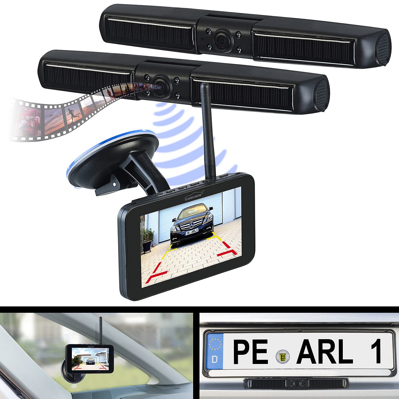 Lescars Frontkamera Auto: Solar-Funk-Front- und Rückfahrkamera mit Full HD und 5" Monitor (Einparkhilfe vorne, Kabellose Rückfahrkamera, IP)