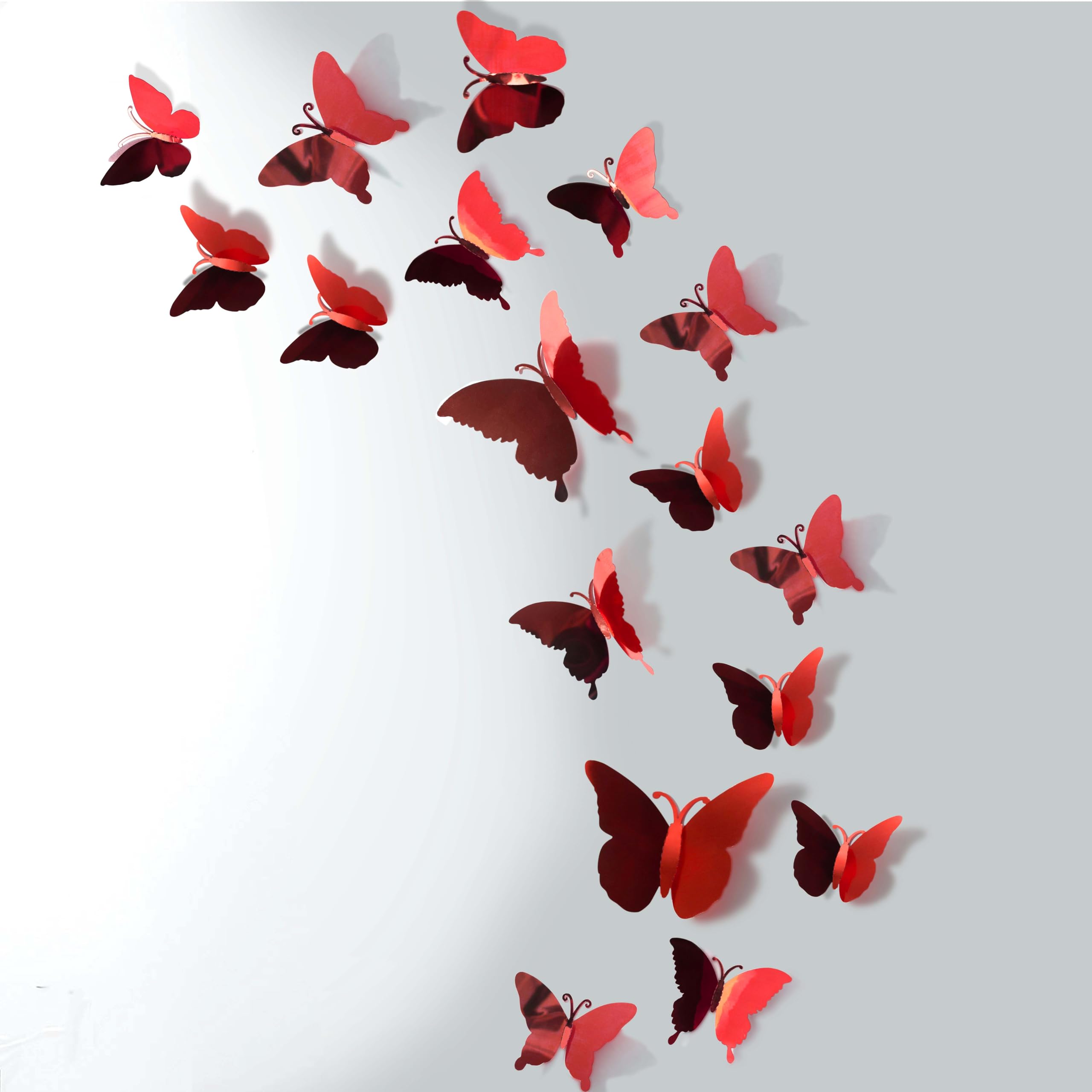 3D Mirror Metallic Butterfly Wall Decor, Red, 48Pcs 4 Styles 3 Sizes, Removable Stickers Wall Decor Room Mural for Party Cake Decoration Kids Bedroom Nursery Classroom Wedding Decor