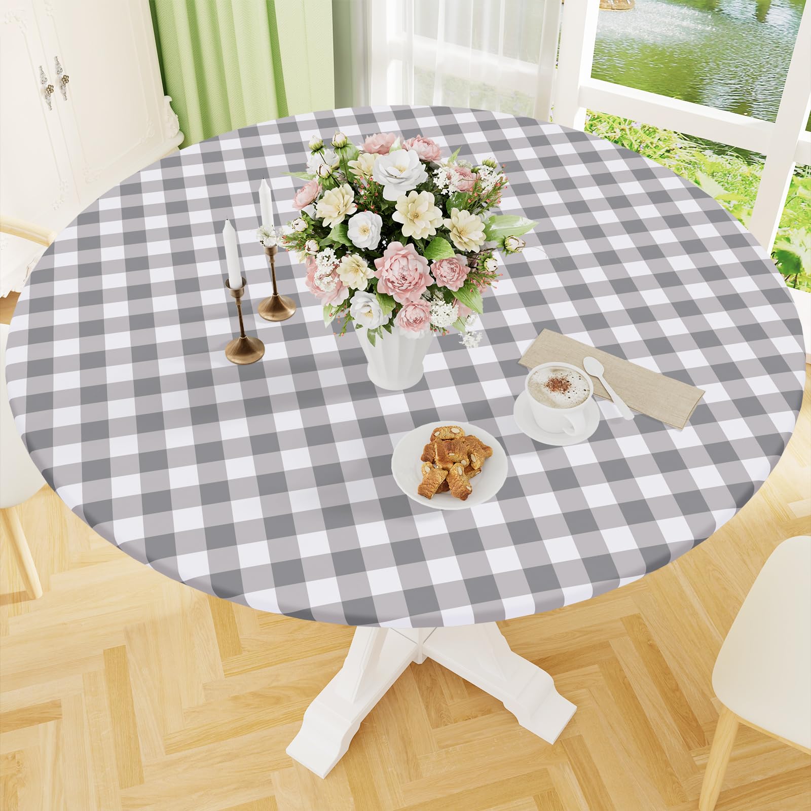 Smiry Round Picnic Tablecloth, Elastic Waterproof Fitted Vinyl Tablecloths for 18"-24" Tables, Flannel Backed Buffalo Plaid Table Cover for Dining,