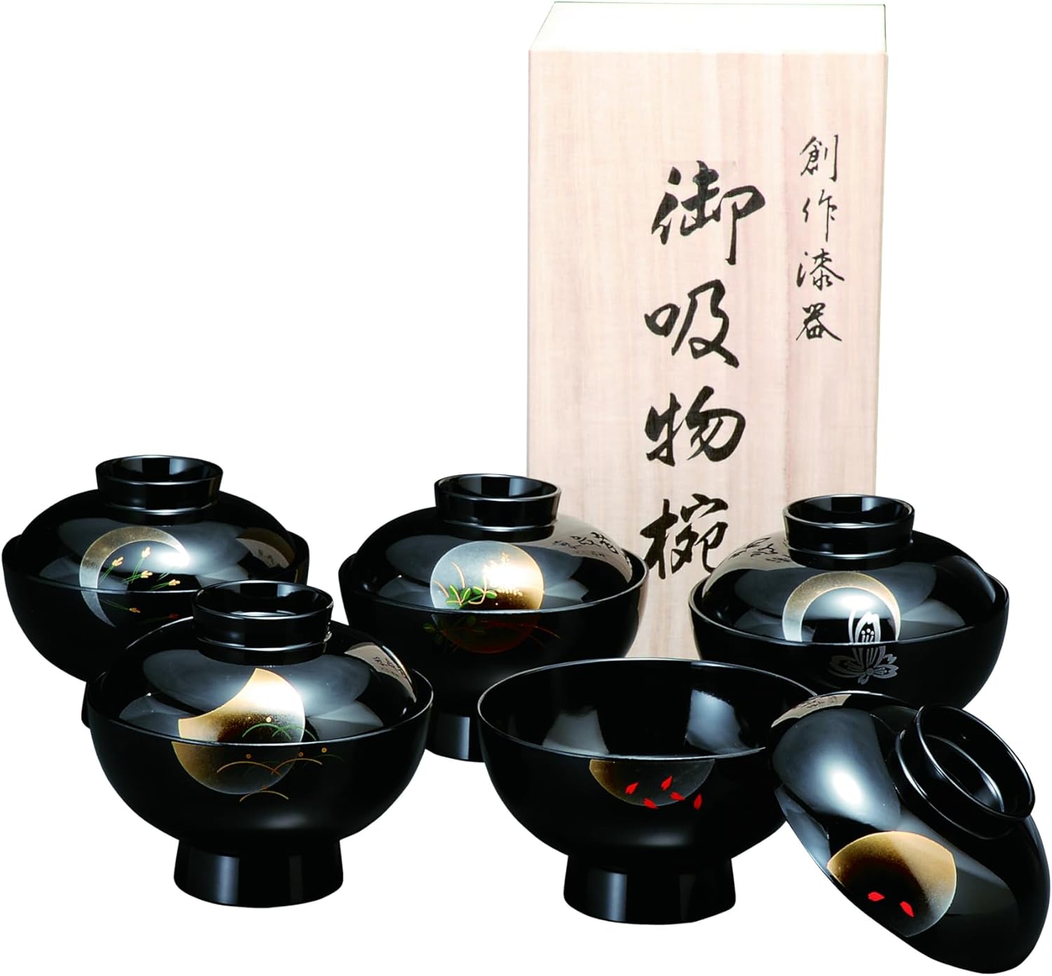 会津塗 黒 牡丹彫 蓋付き吸物椀揃 5客セット お吸い物椀 会津塗 黒 牡丹彫 蓋付き吸物椀揃 5客セット お吸い物椀