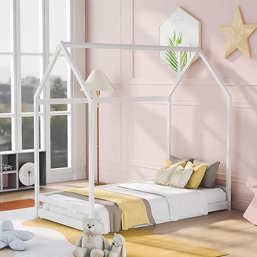 Miniatura 3 de Merax Cama de madera de tamaño individual con valla y puerta, marco de cama de madera con techo para adolescentes, niños o niñas, color blanco