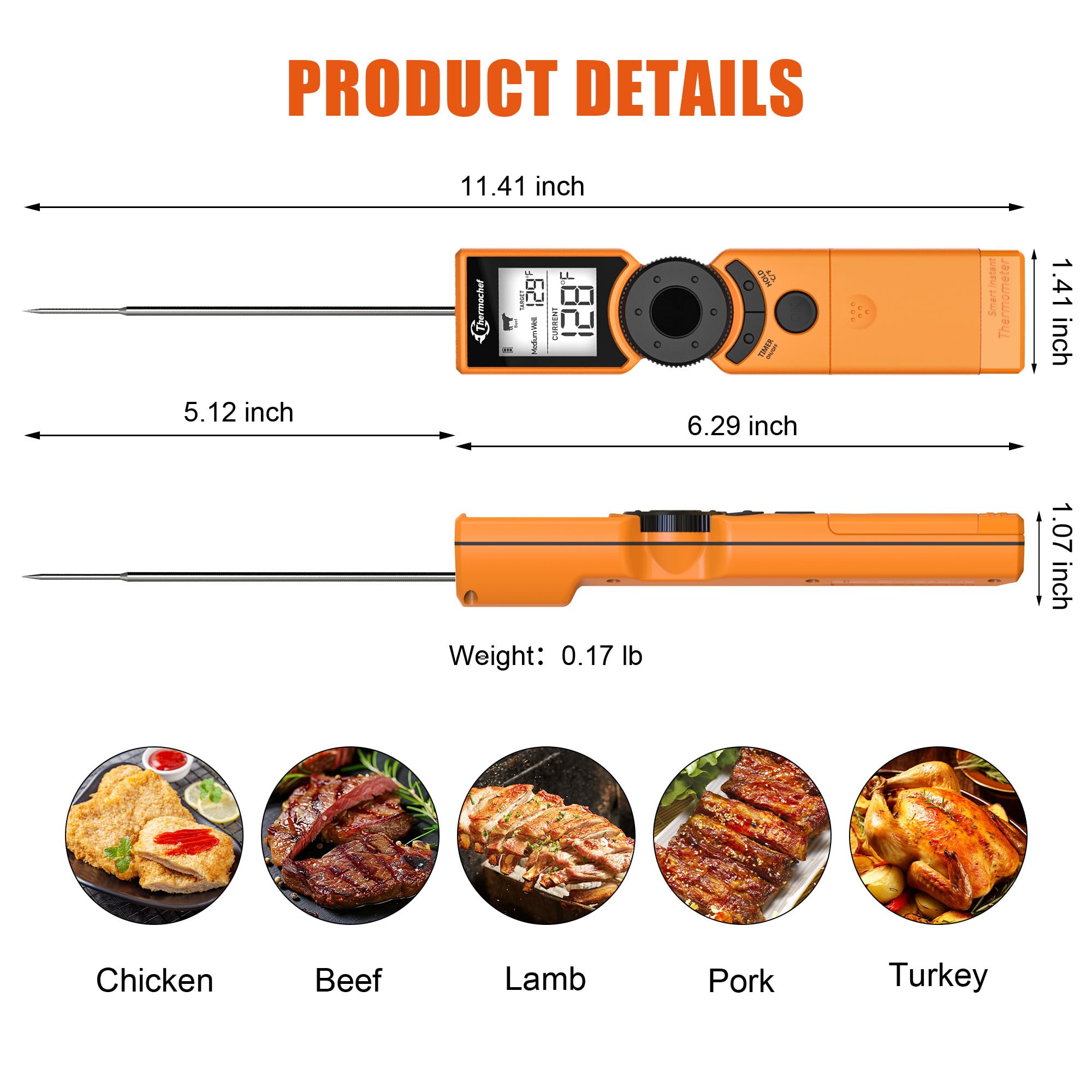 Thermochef Digital Meat Thermometer for Grill, Instant Read Food Thermometers for Cooking with Food Doneness Guide, Calibration and LCD Backlight Screen, High Accuracy +-1% degF, BBQ Beef Candy Orange - Image 3