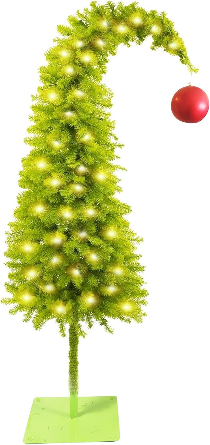 5 Ft Pre-lit Christmas Tree with Metal Stand - Artificial Whimsical Unique Curved Shape Holiday Xmas Tree with Warm White Lights - Holiday Carnival Party Christmas Decorations